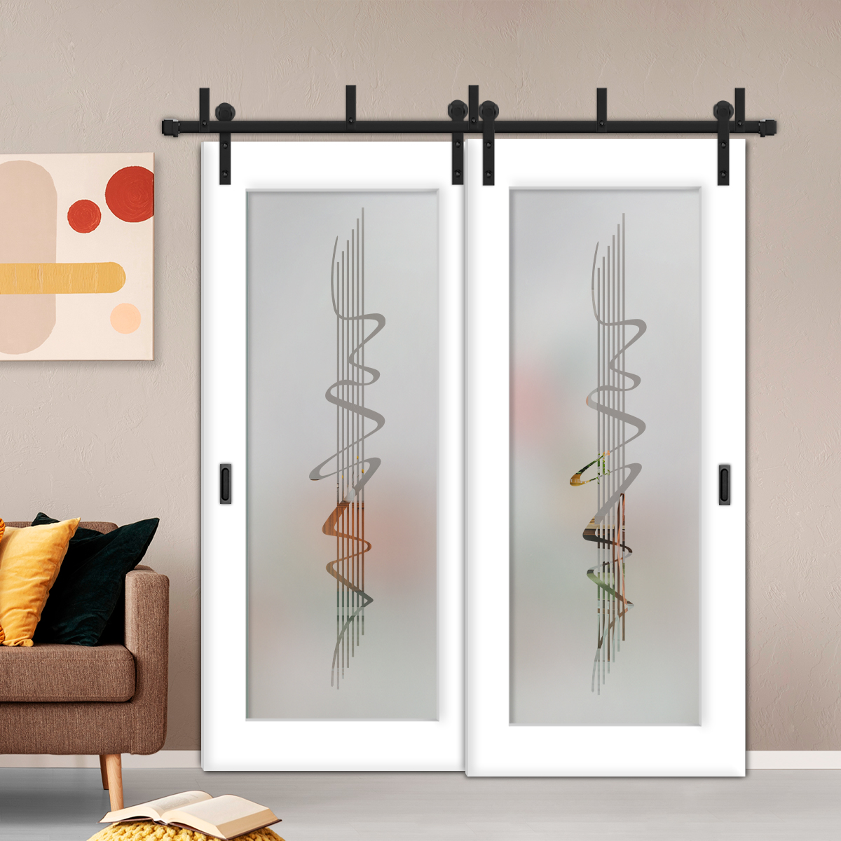 2 Leaf Sliding Barn Bypass Doors with Glass Insert BGD-4409