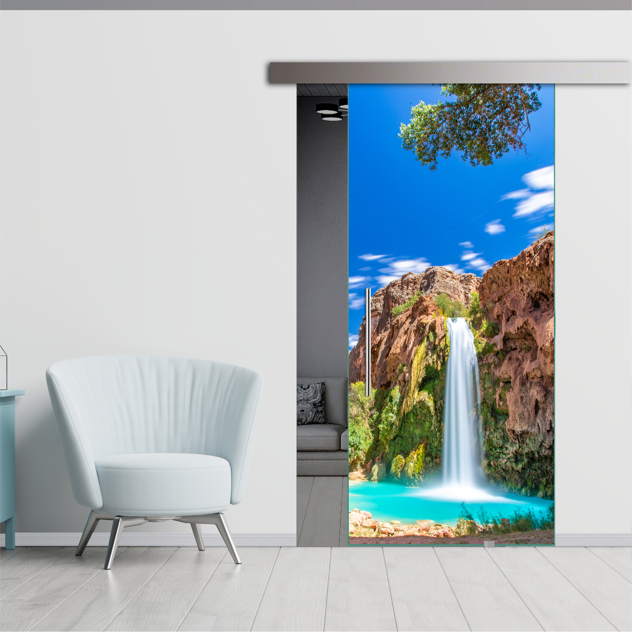  Frameless Sliding Glass Barn Door with Digital Printing + Alu Gray Hardware (T-Handle)