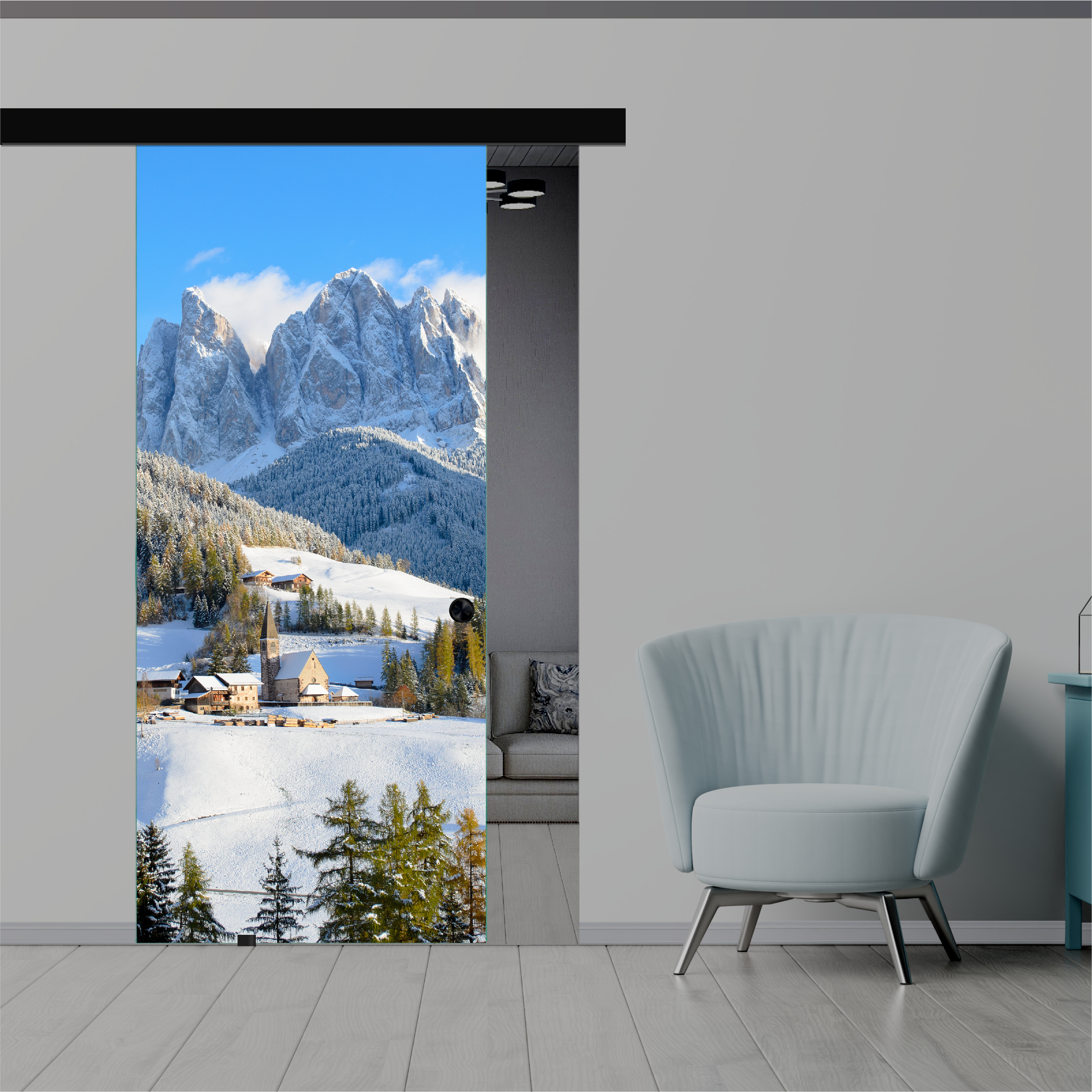 Frameless Sliding Glass Barn Door with Digital Printing + Black Hardware (Recessed Grip)