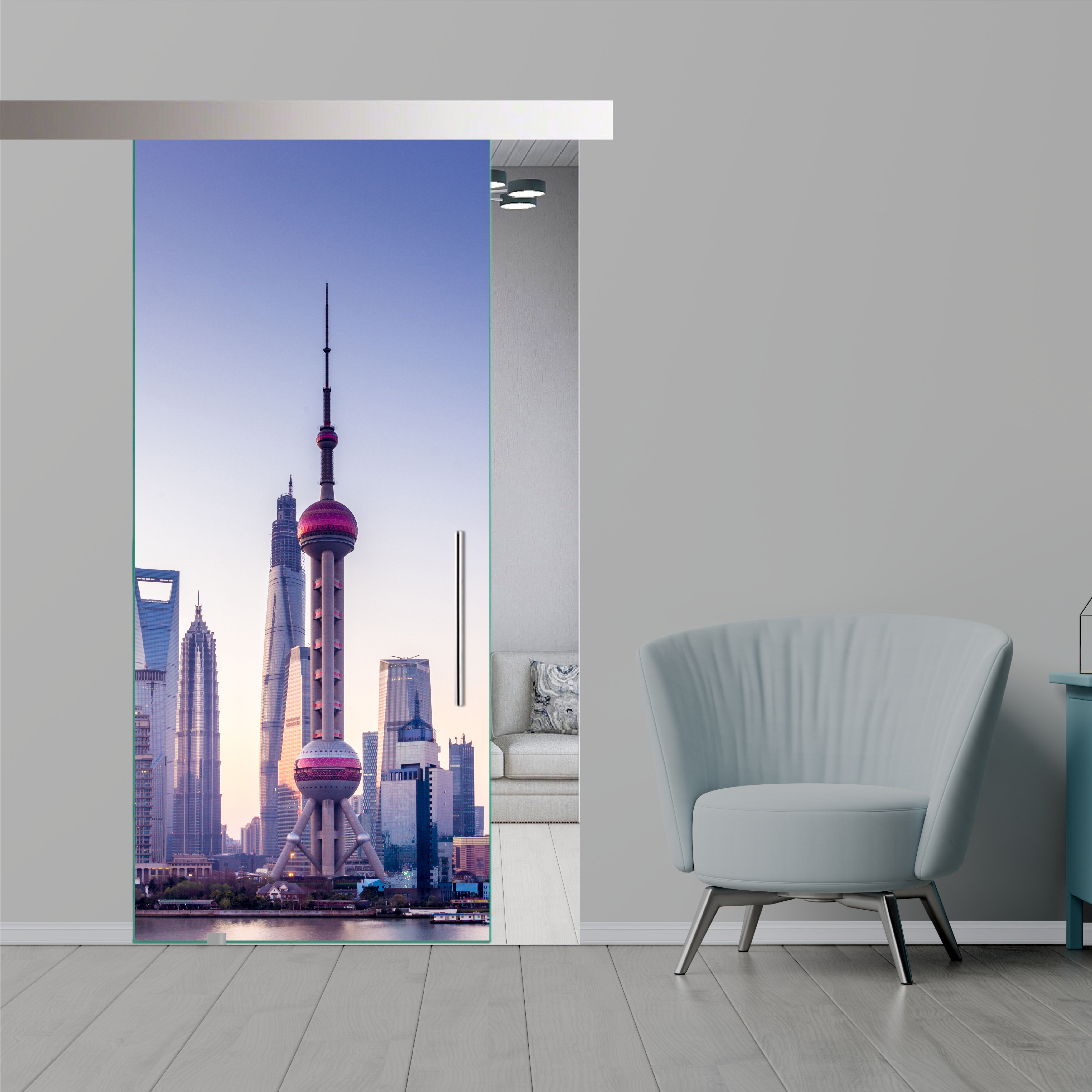 Frameless Sliding Glass Barn Door with Digital Printing + Alu Gray Hardware (T-Handle)