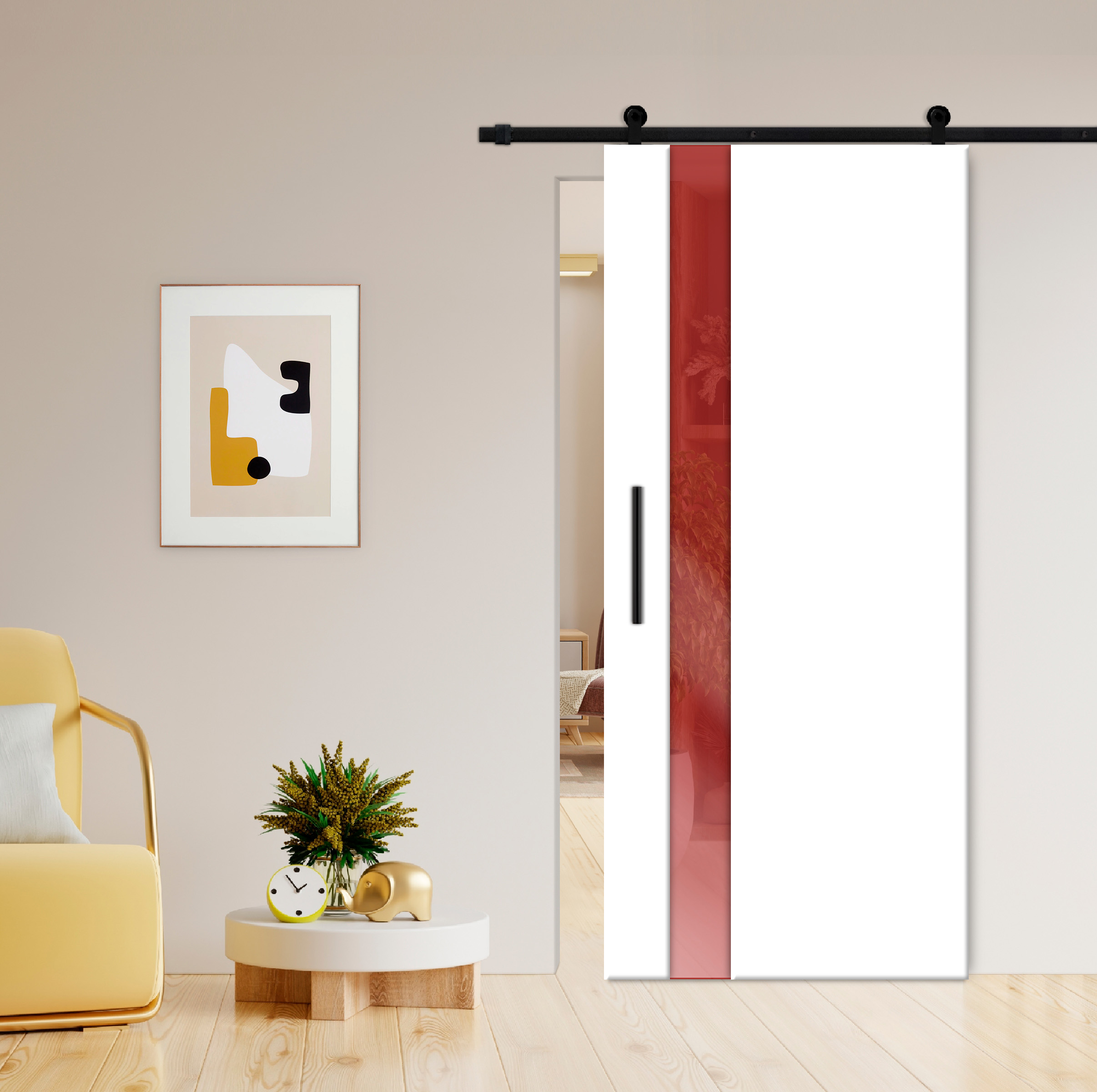 Flush Sliding Barn Door with CNC Engraving (Red Painted Glass) 