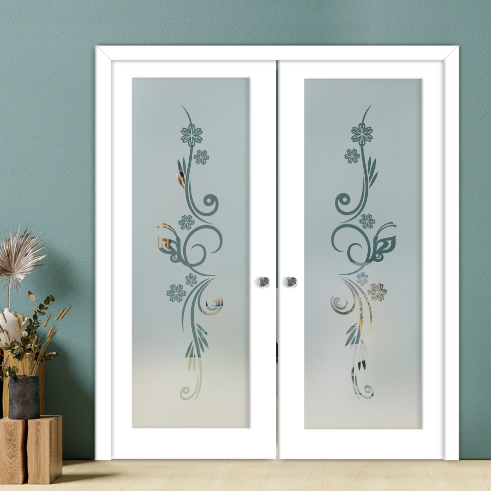 Double Pocket Sliding Wooden Door with Glass Insert & Frosted Design