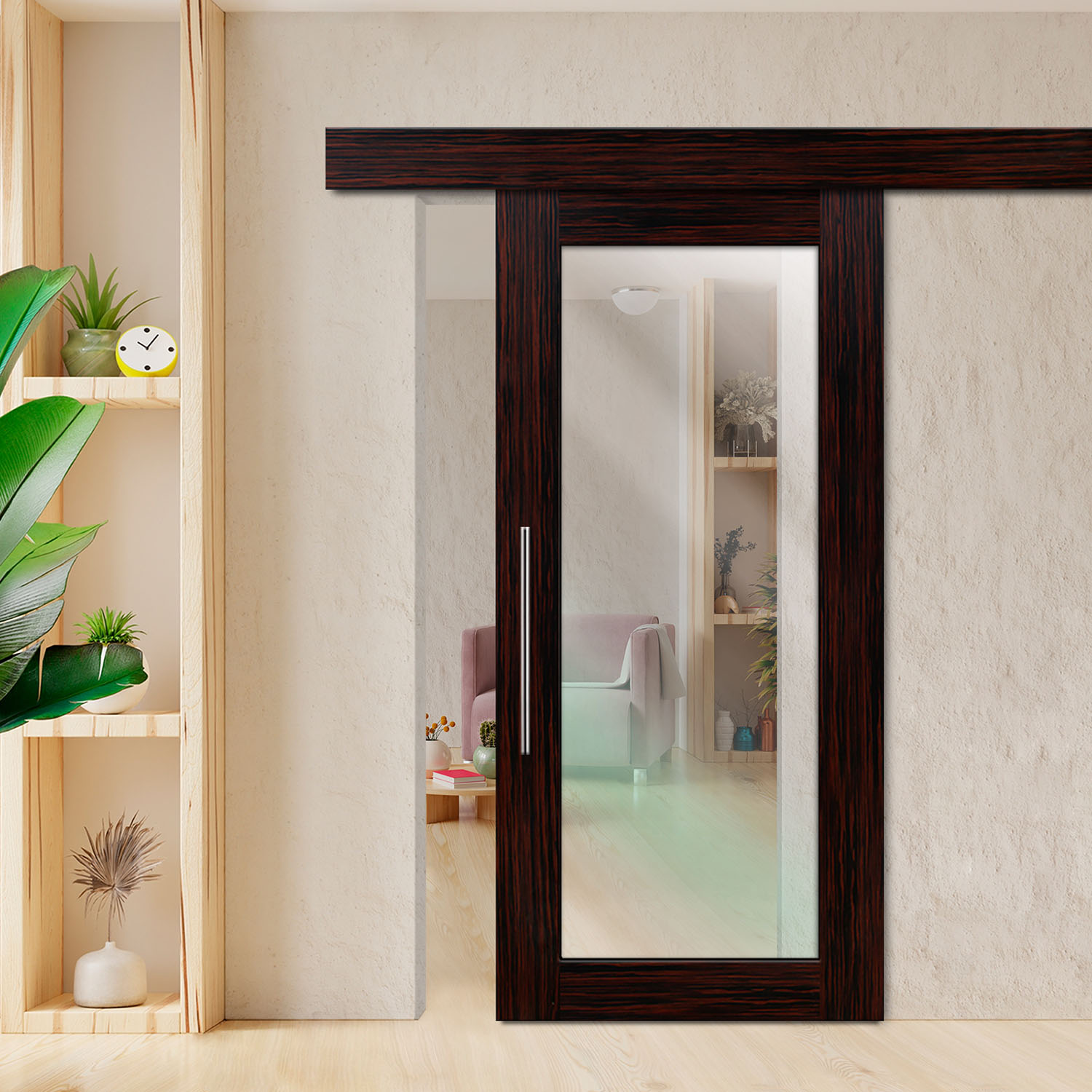 Ebony Veneered Sliding Barn Door with Clear Glass Insert T-Handle Fascia Cover