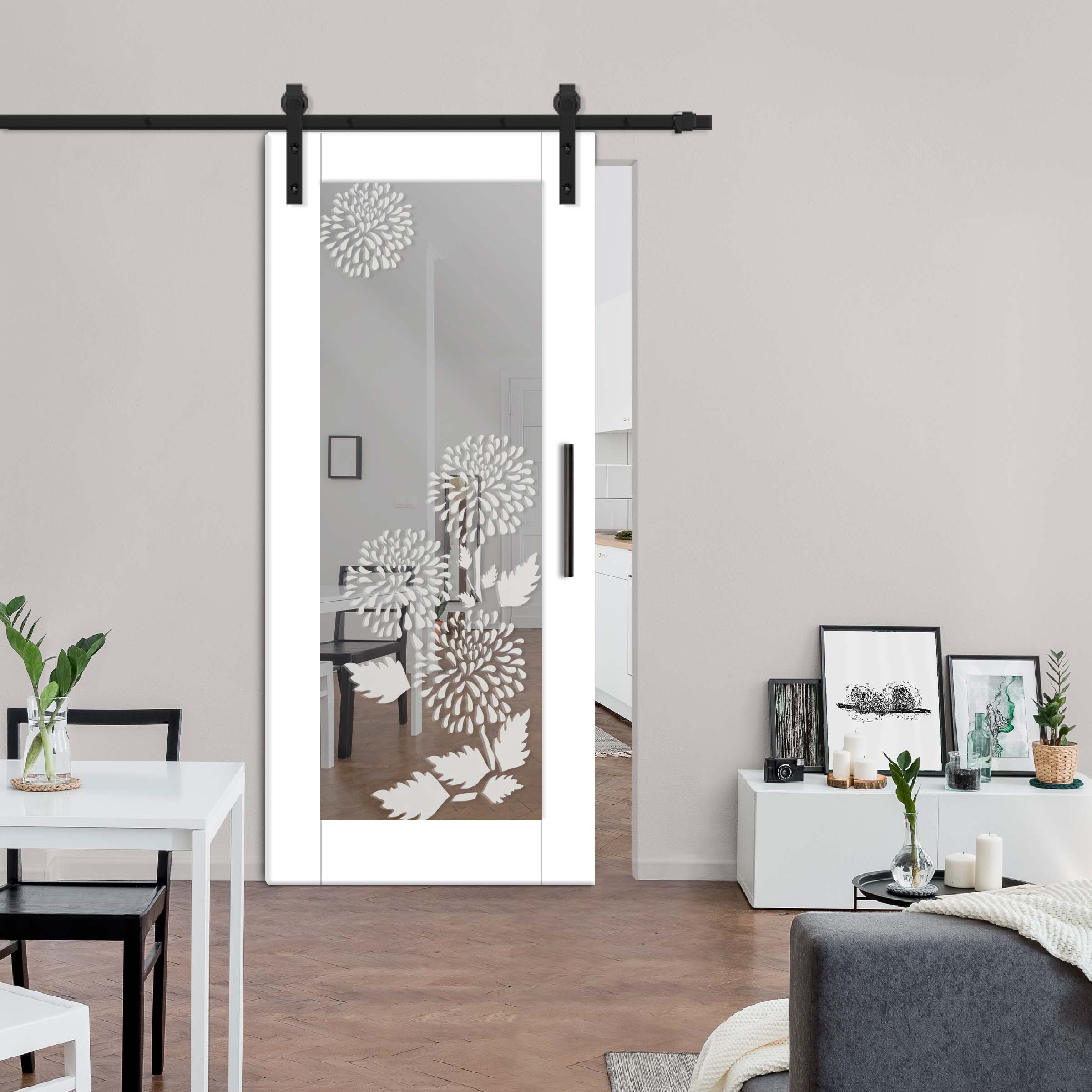 Sliding Barn Door with mirror insert (frosted design) and carbon steel sliding system