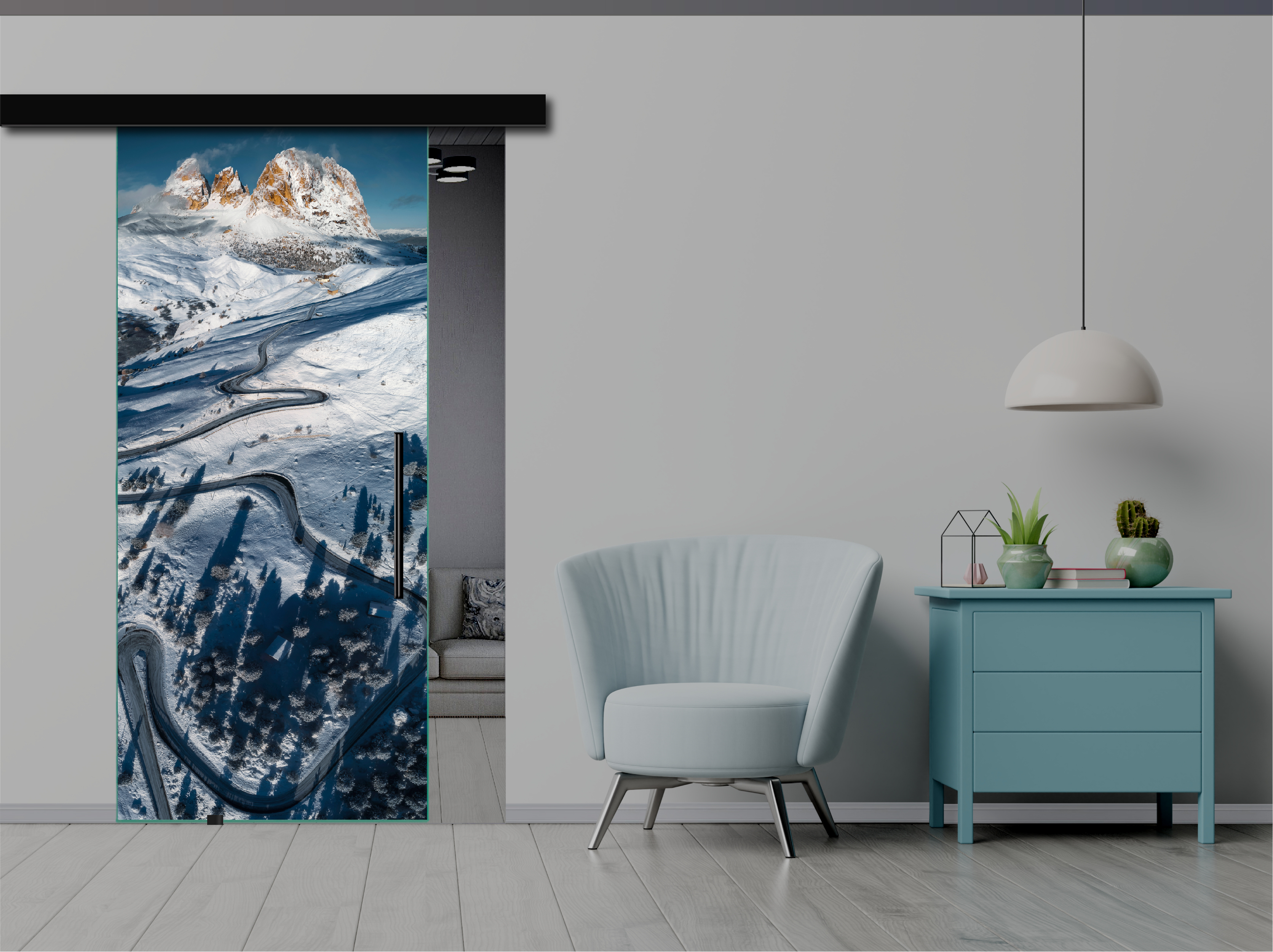 Frameless Sliding Glass Barn Door with Digital Printing + Black Hardware (T-Handle)