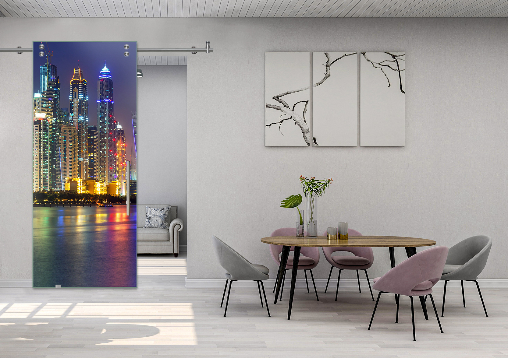 Digital Printing Sliding Barn Glass Door with Stainless Steel Hardware & T-handle (Dubai at Night)
