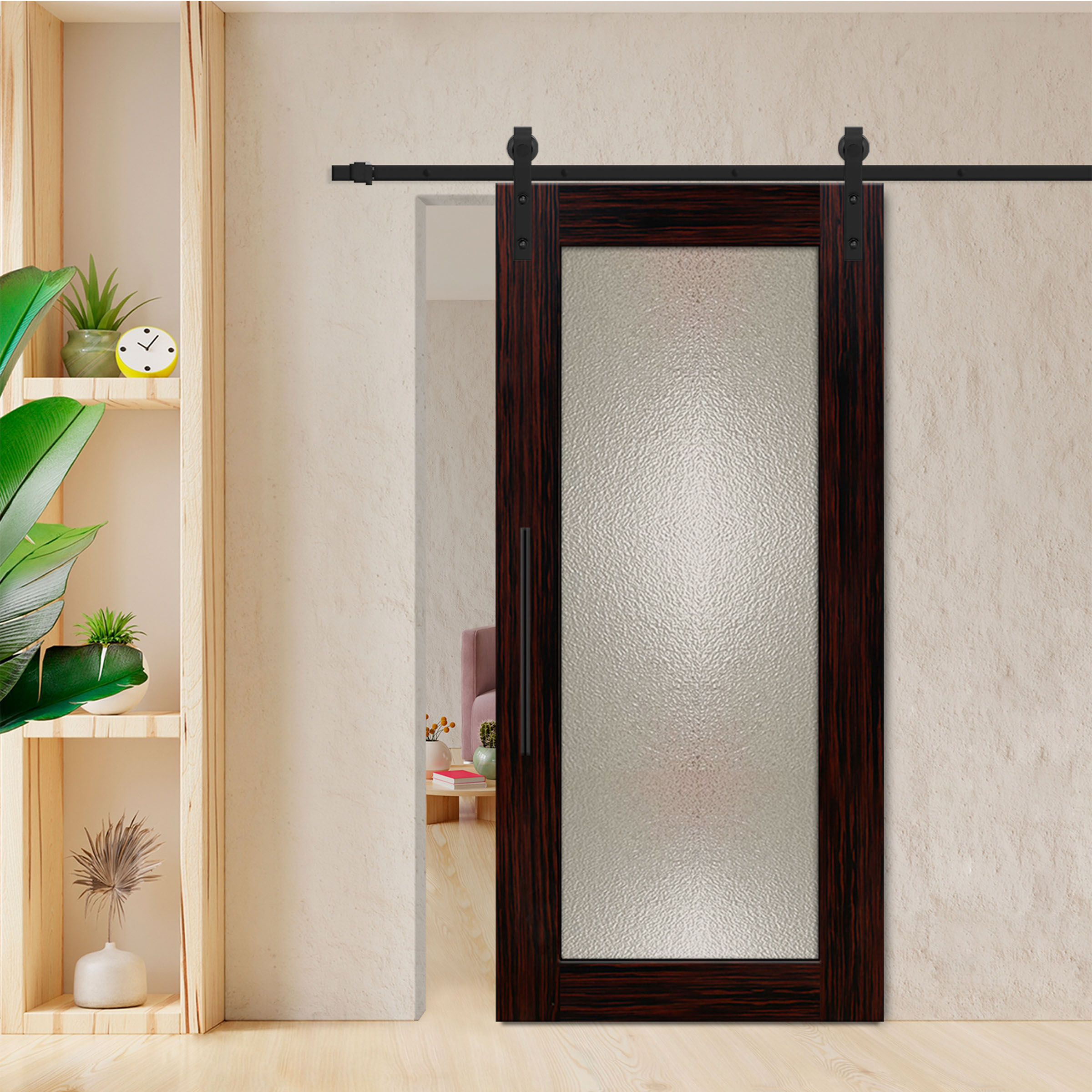 Ebony Veneered Sliding Barn Door with Hammered Glass Insert T-Handle Carbon Steel