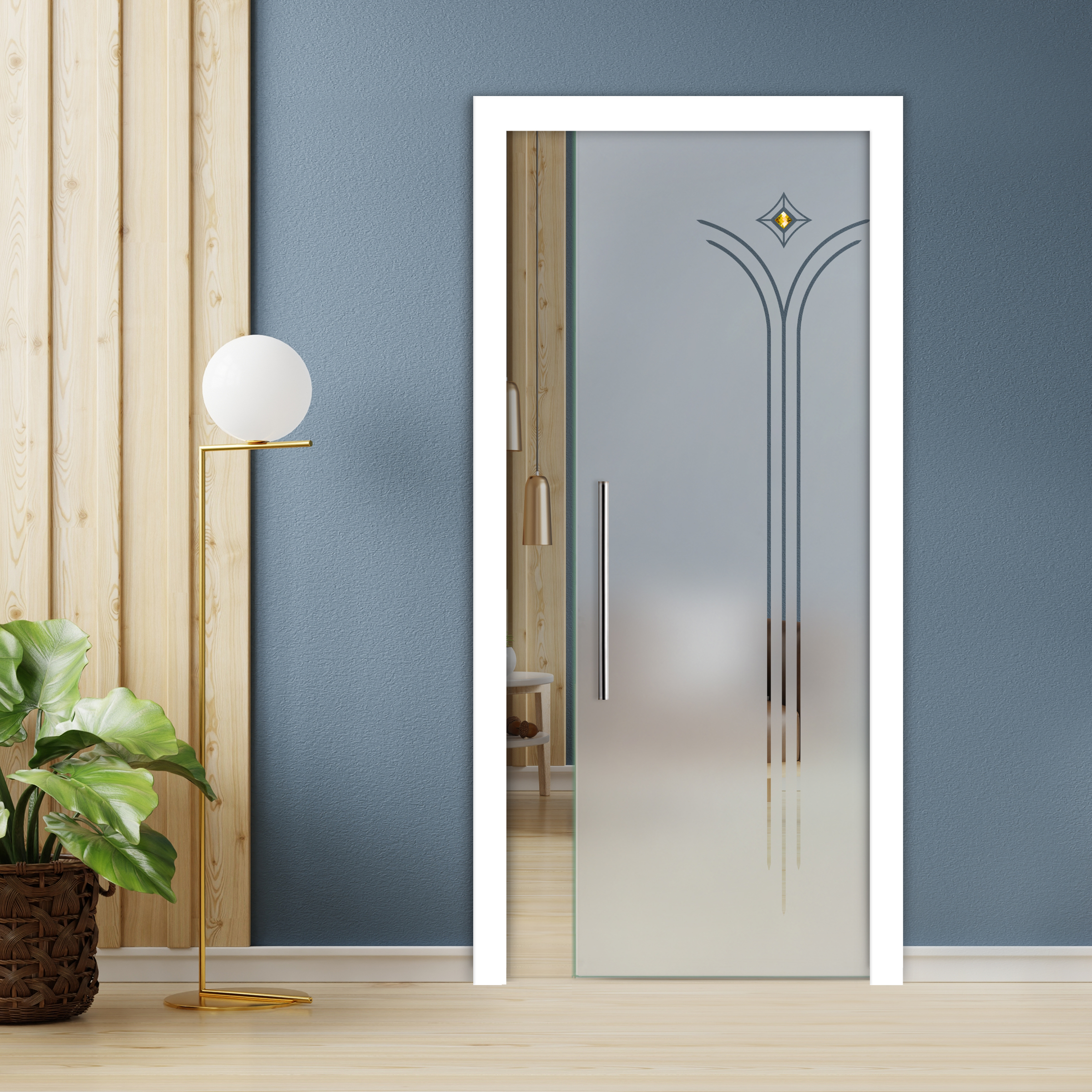 Pocket Sliding Glass Door with Frosted Design + Faceted Stone (Semi-private)
