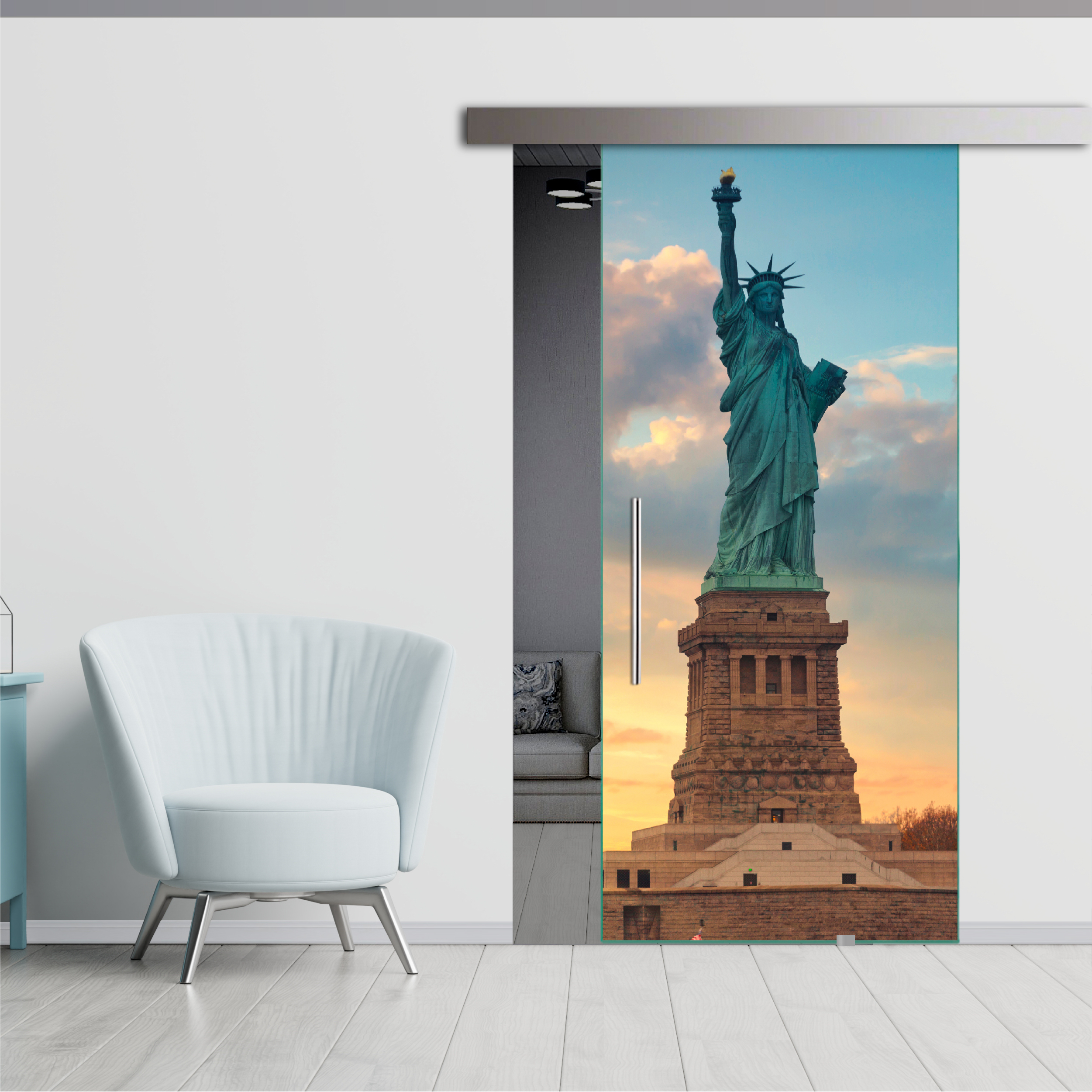 Frameless Sliding Glass Barn Door with Digital Printing + Alu Gray Hardware (T-Handle)
