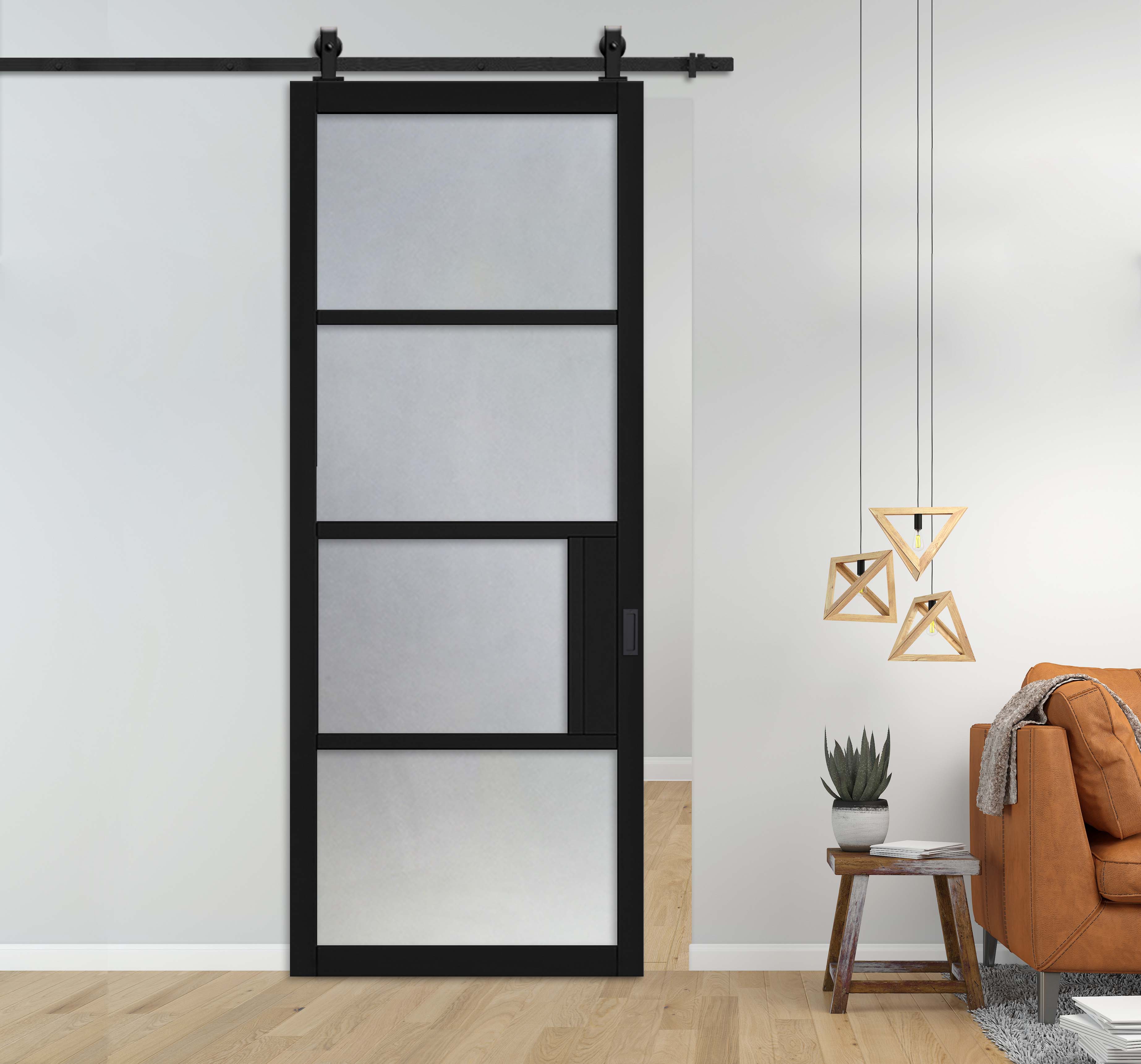 Loft Style Sliding Barn Door Black with Frosted Glass Panels (Carbon Steel)