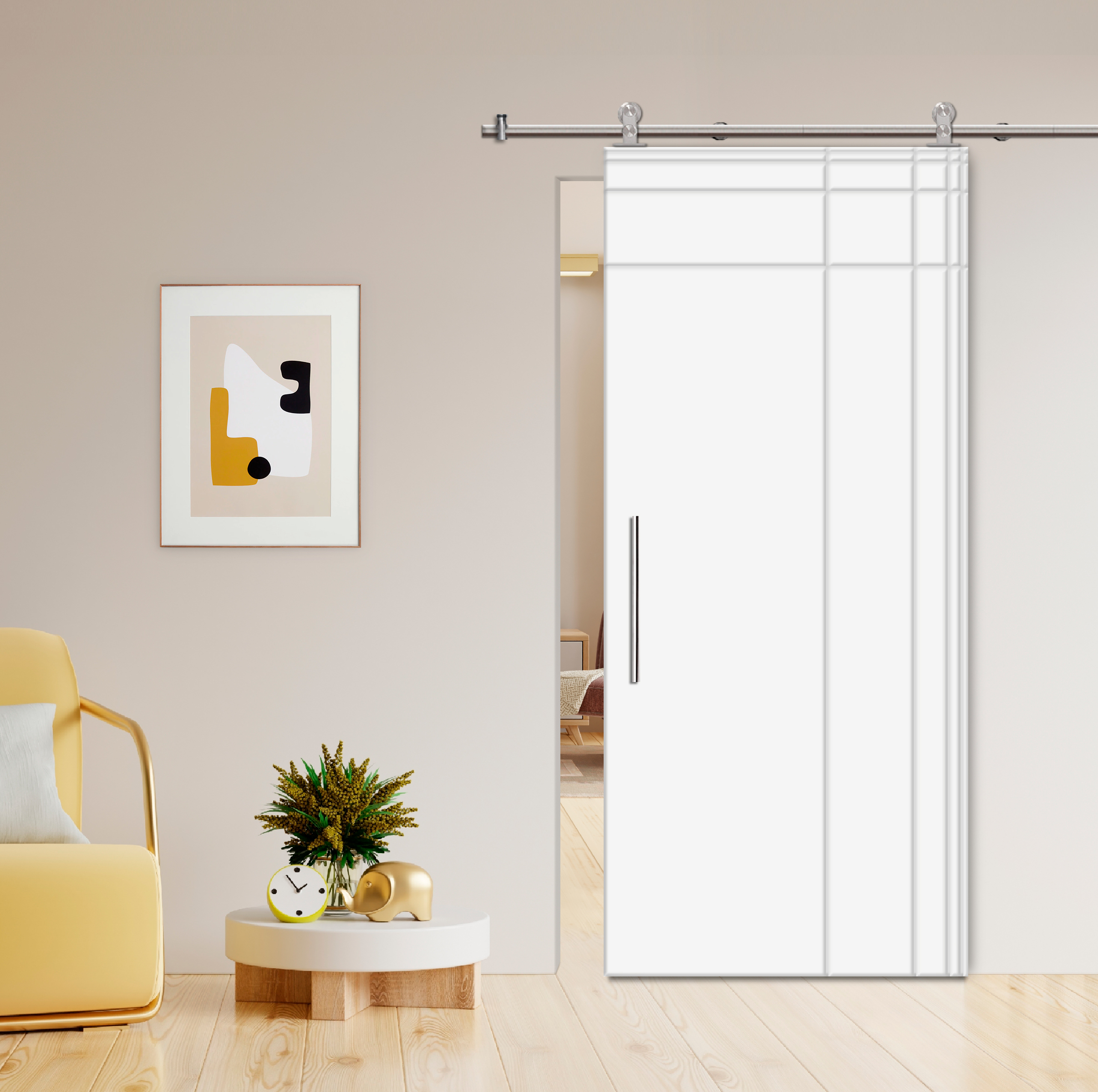 Flush Sliding Barn Door with CNC Engraving CCD-7698 White (Stainless steel)
