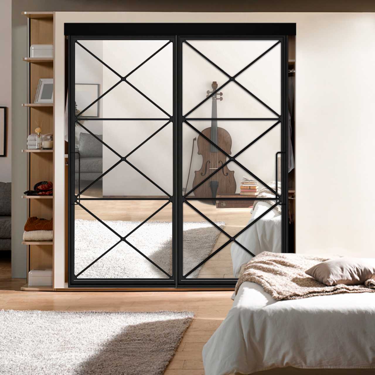 Iron / Metal Frame Mirror Bypass Closet Door with Hardware Kit 2 Leaf 2MGC - 8981