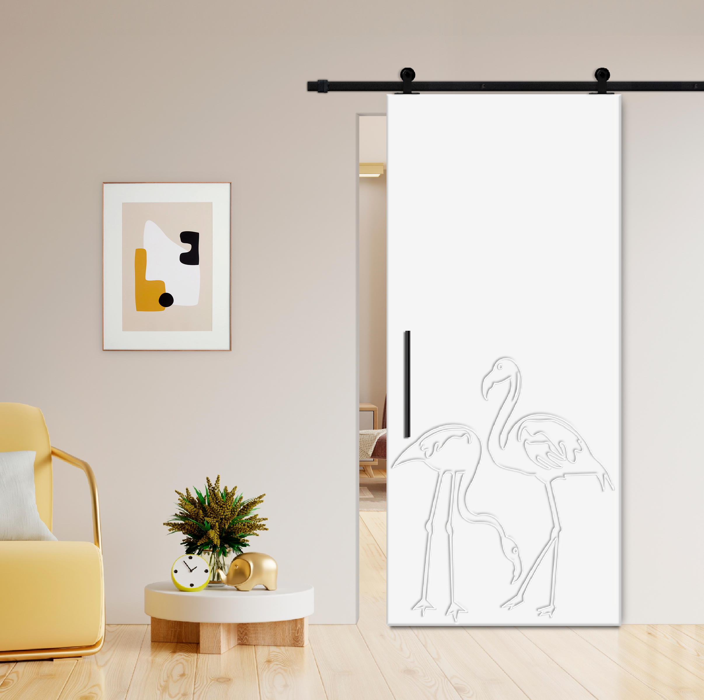 Flush Sliding Barn Door with CNC Engraving CCD-7698 White (Carbon steel)