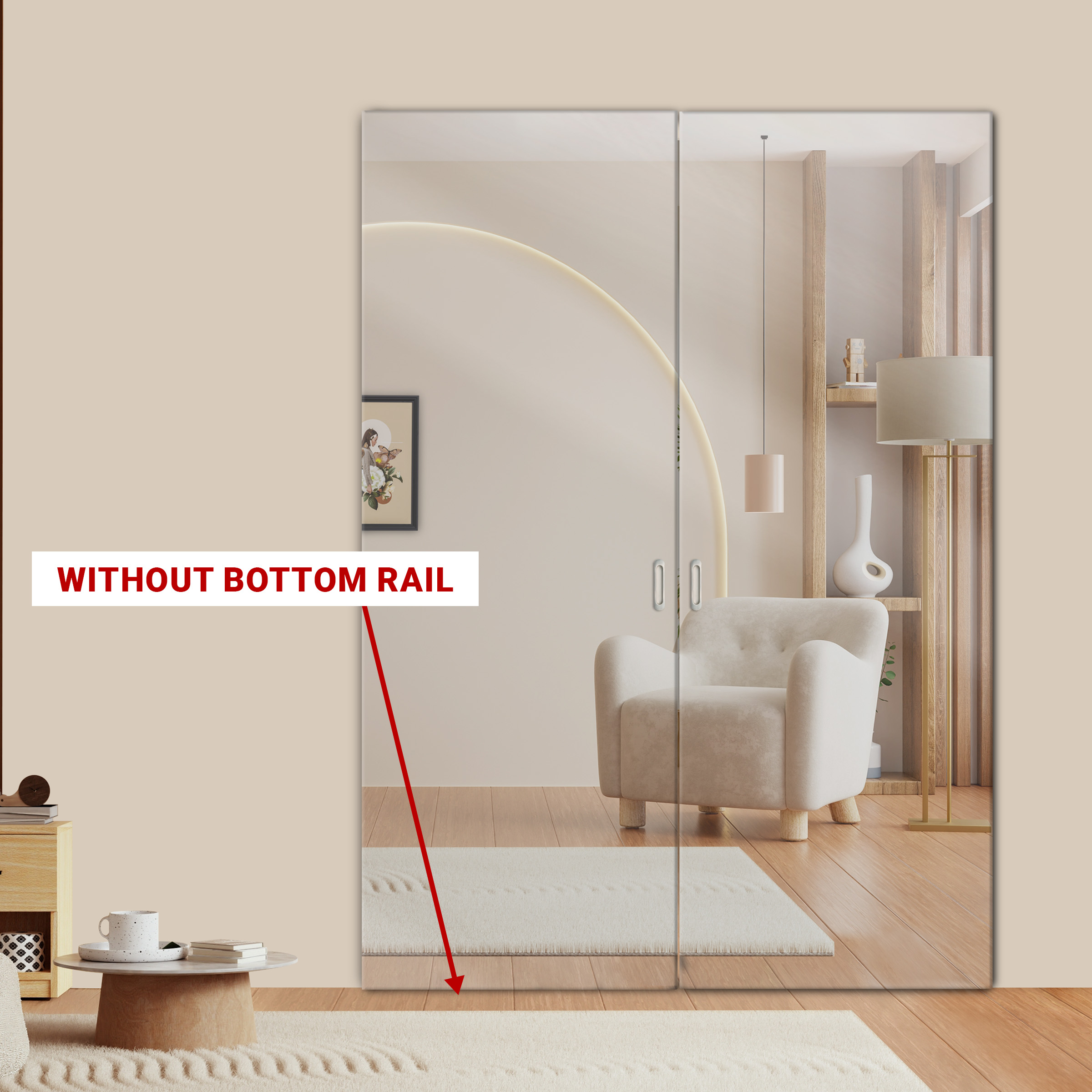 2 Leaf Frameless Mirror Sliding Door with Hidden / Invisible Hardware 2MMD-4109