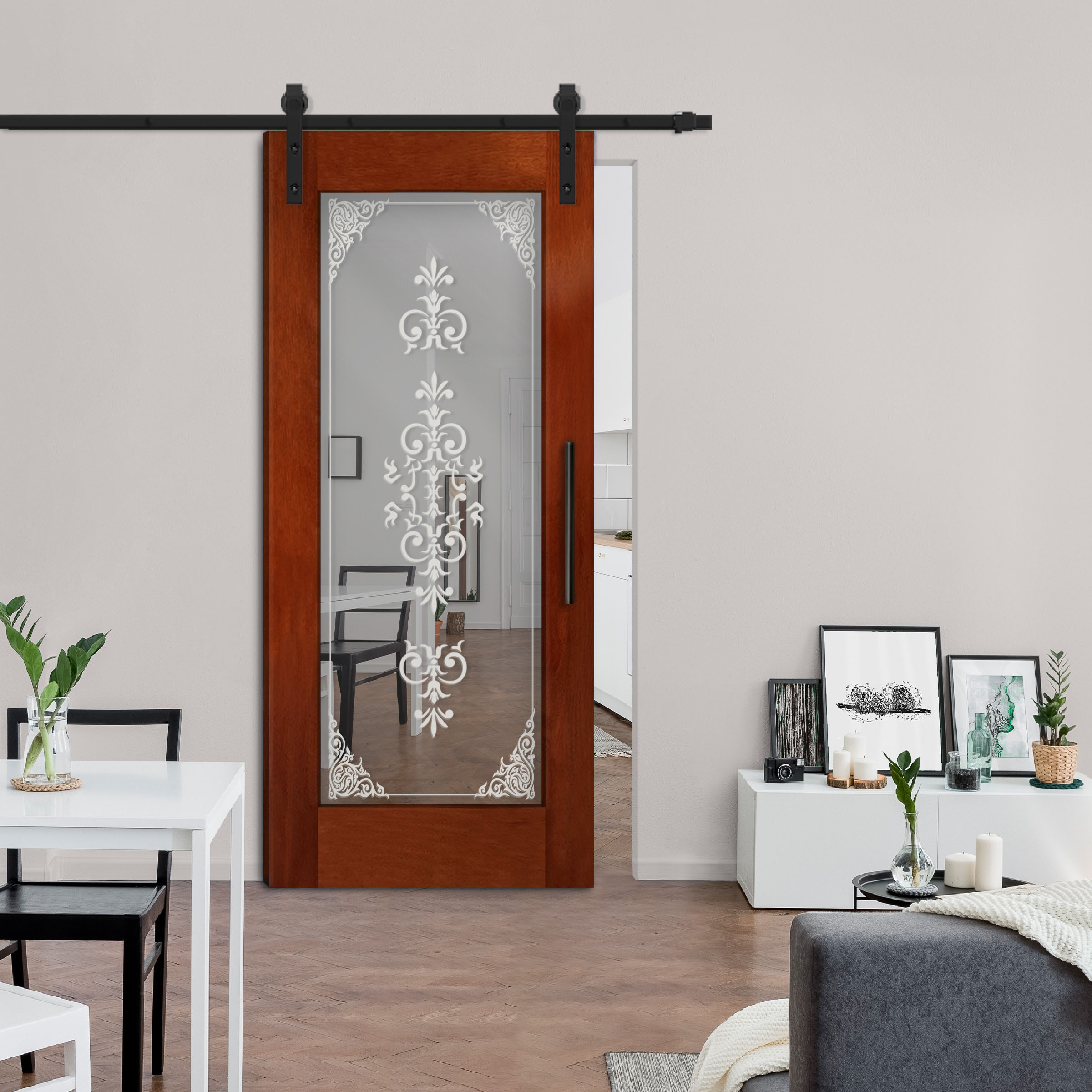 Solid magohany wood door with mirror insert (frosted design) and carbon steel sliding system
