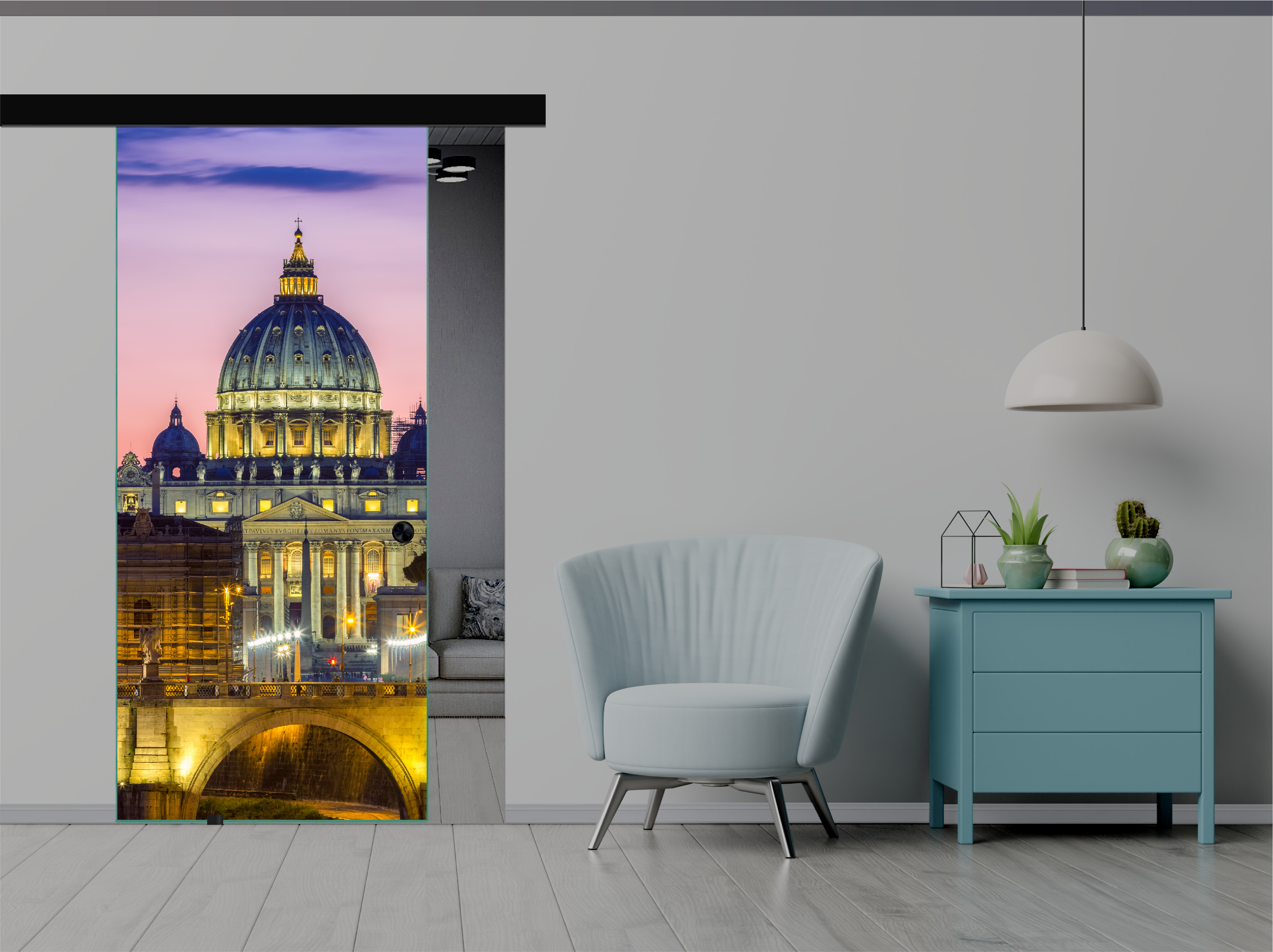 Frameless Sliding Glass Barn Door with Digital Printing + Black Hardware (Recessed Grip)