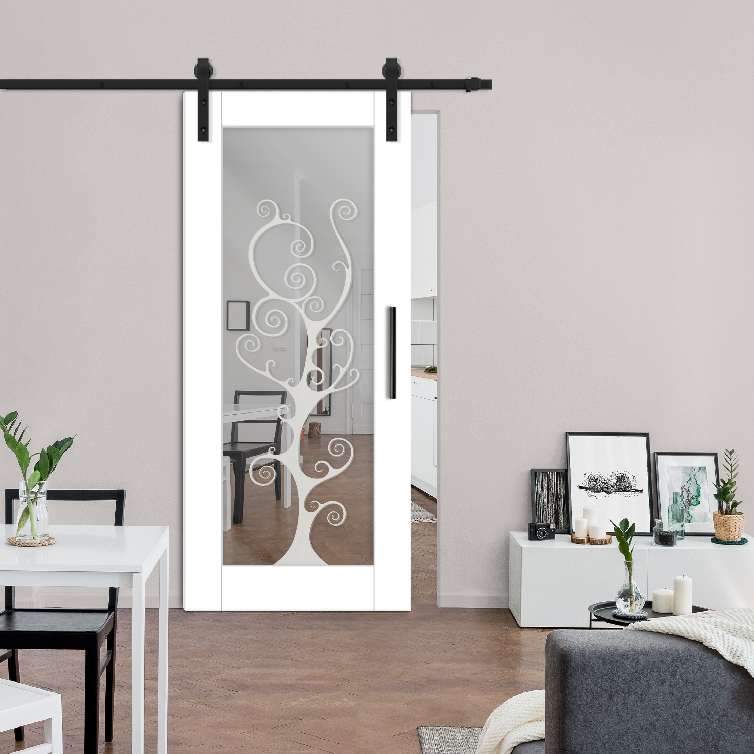 Sliding Barn Door with mirror insert (frosted design) and carbon steel sliding system