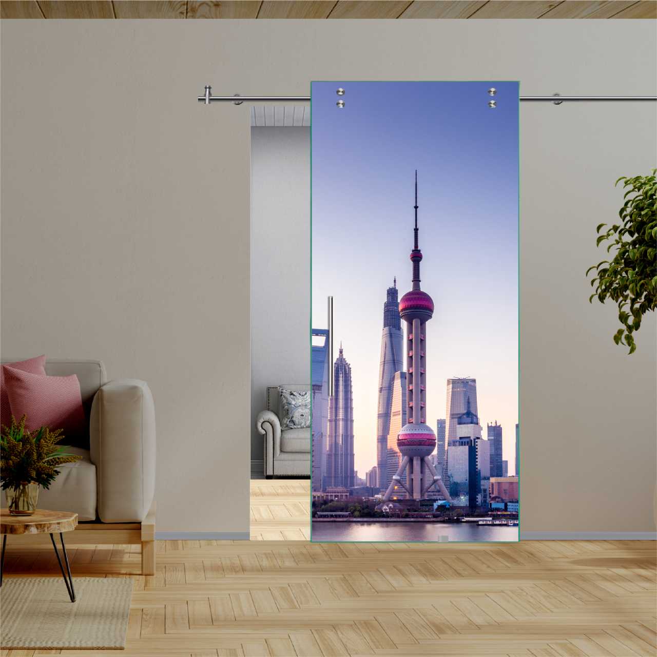 Digital Printing Sliding Barn Glass Door (Shanghai Pearl Tower) V2000 DPSGD-6187