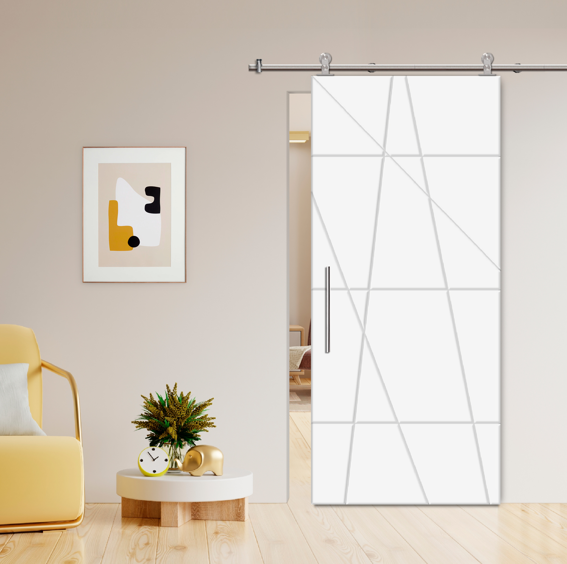 Flush Sliding Barn Door with CNC Engraving CCD-7698 White (Stainless steel)