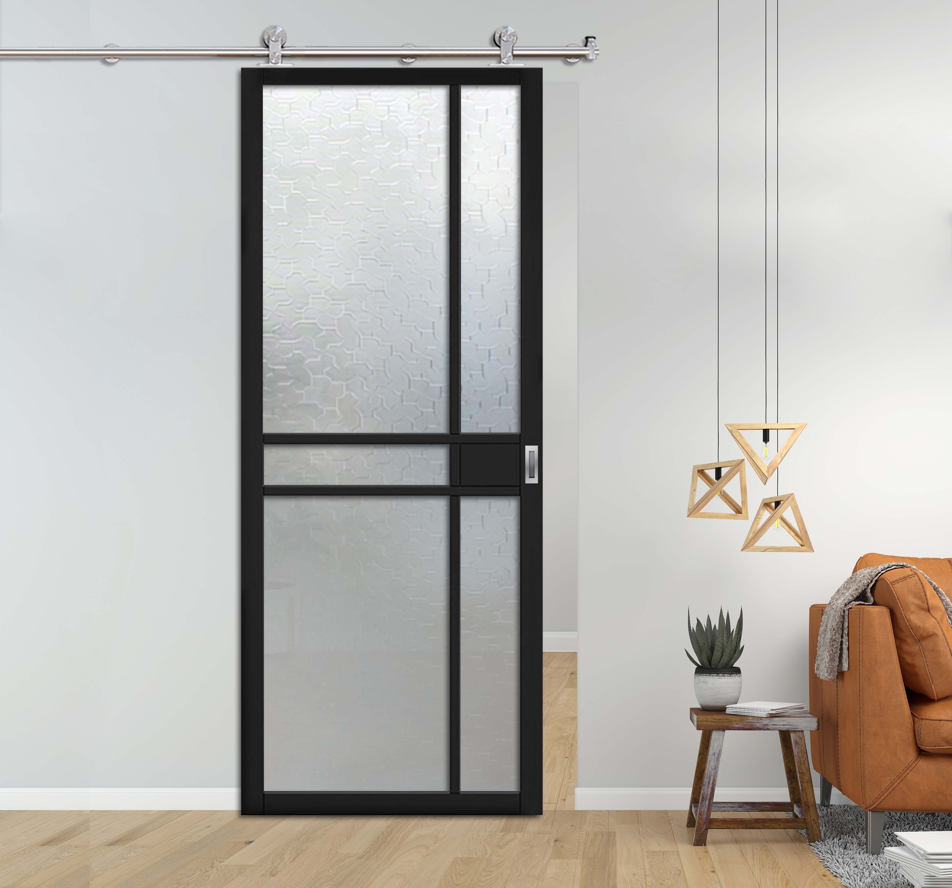Loft Style Sliding Barn Door witth Karatachi Glass Panels + Stainless Steel Hardware Kit & Oval Recessed Grip Handle 