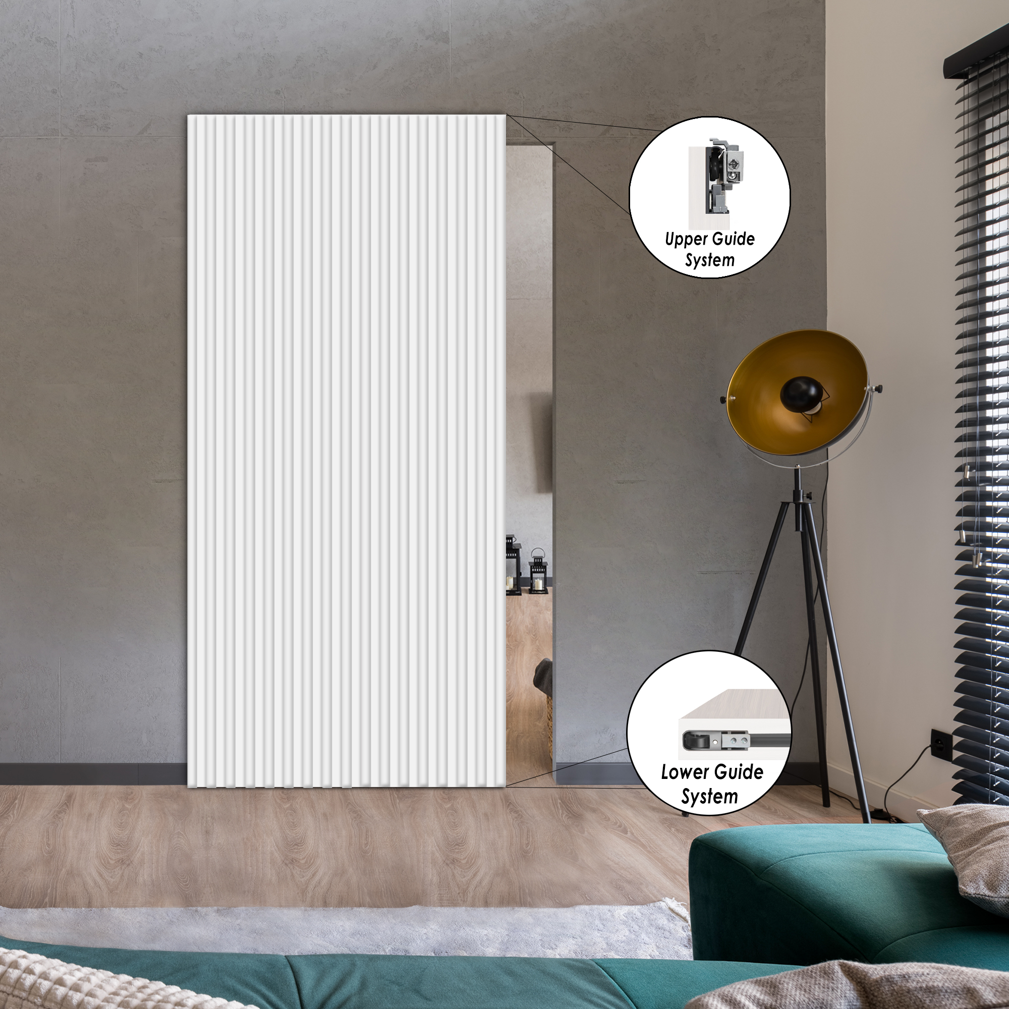 Fluted Wooden Sliding Barn Door Hidden Invisible Hardware (White)