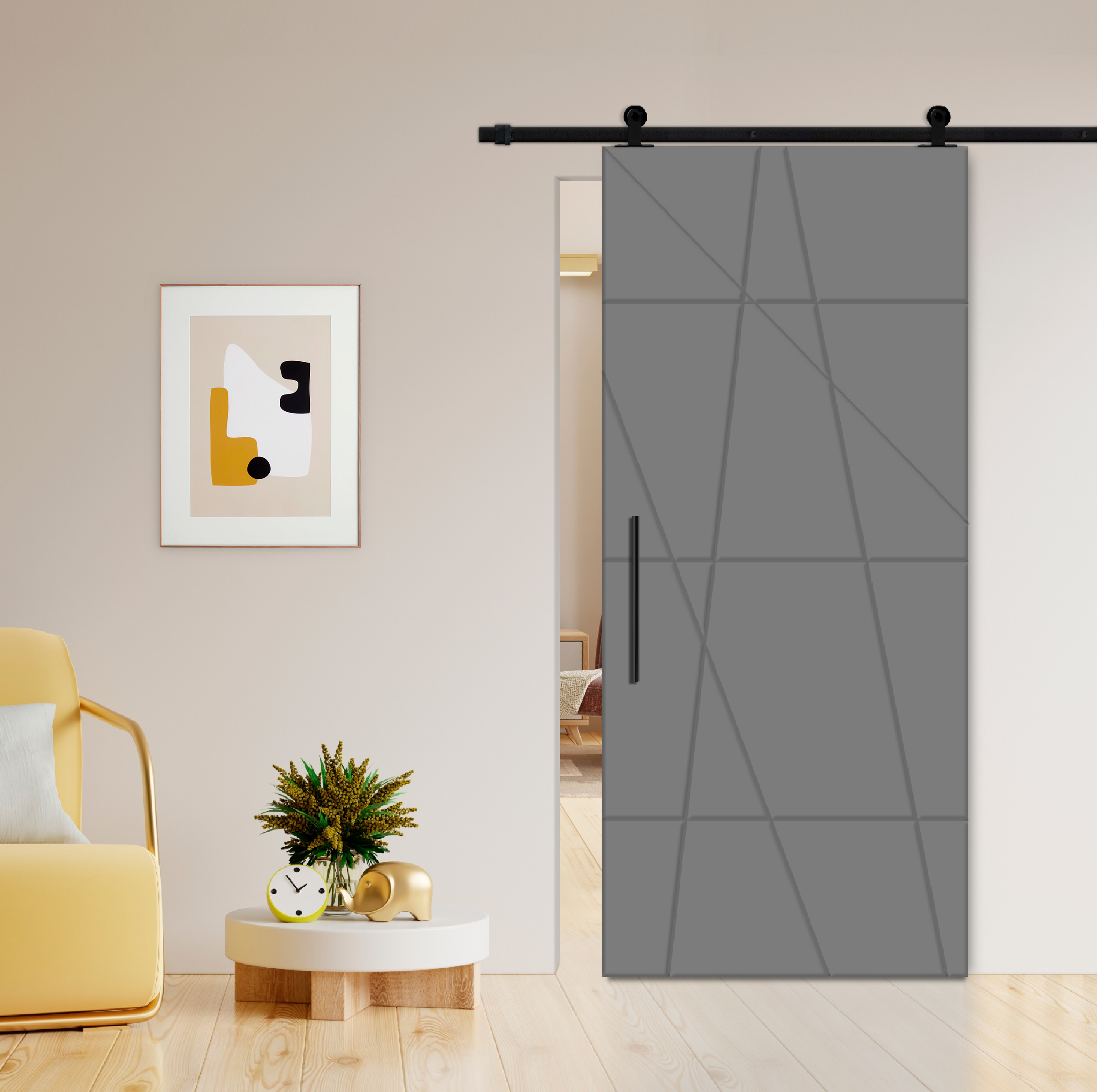 Flush Sliding Barn Door with CNC Engraving CCD-7698 Grey (Carbon steel)