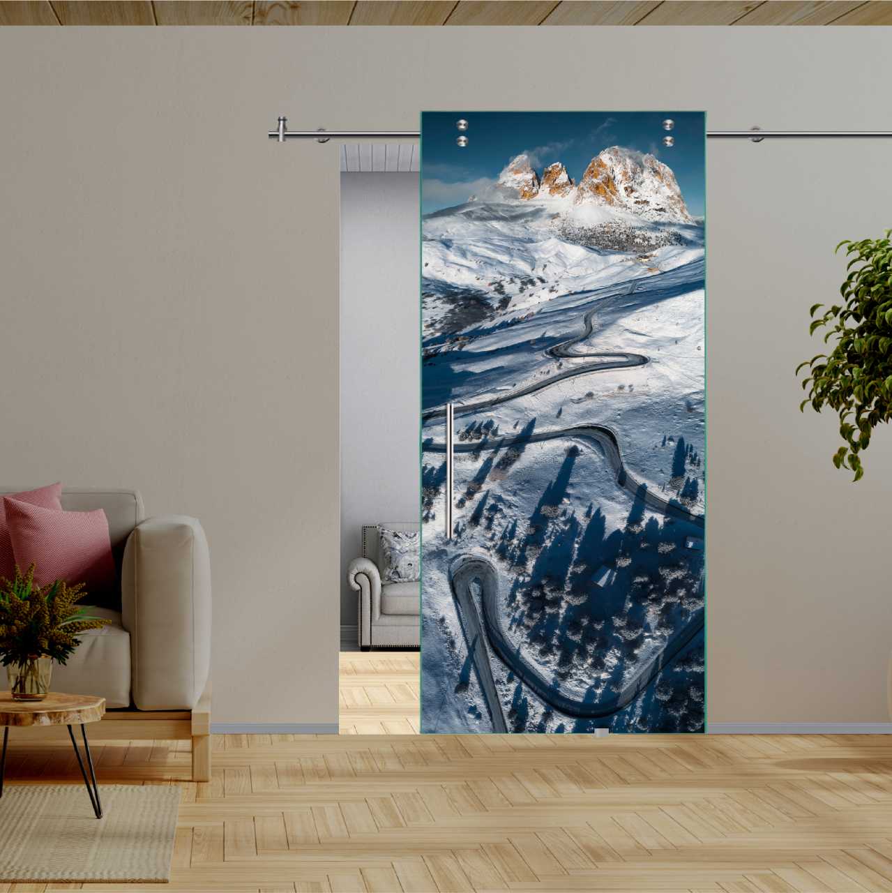 Digital Printing Sliding Barn Glass Door (Road in the Italian Alps in Winter) V2000 DPSGD-6191