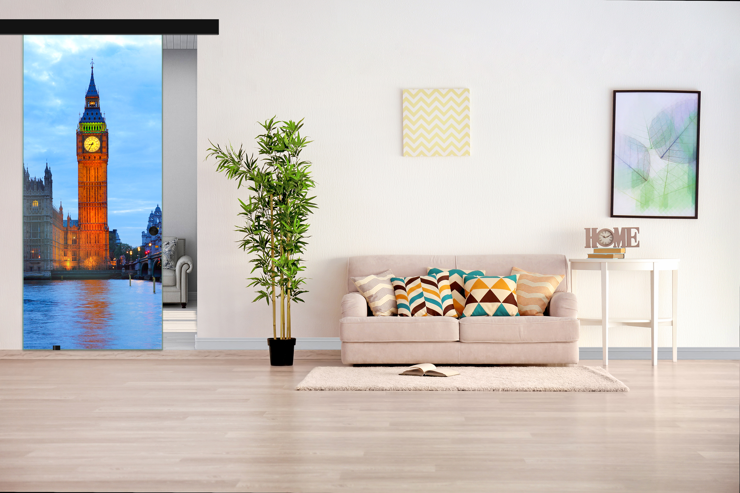 Frameless Sliding Glass Barn Door  with Digital Printing + Black Hardware (Recessed Grip)