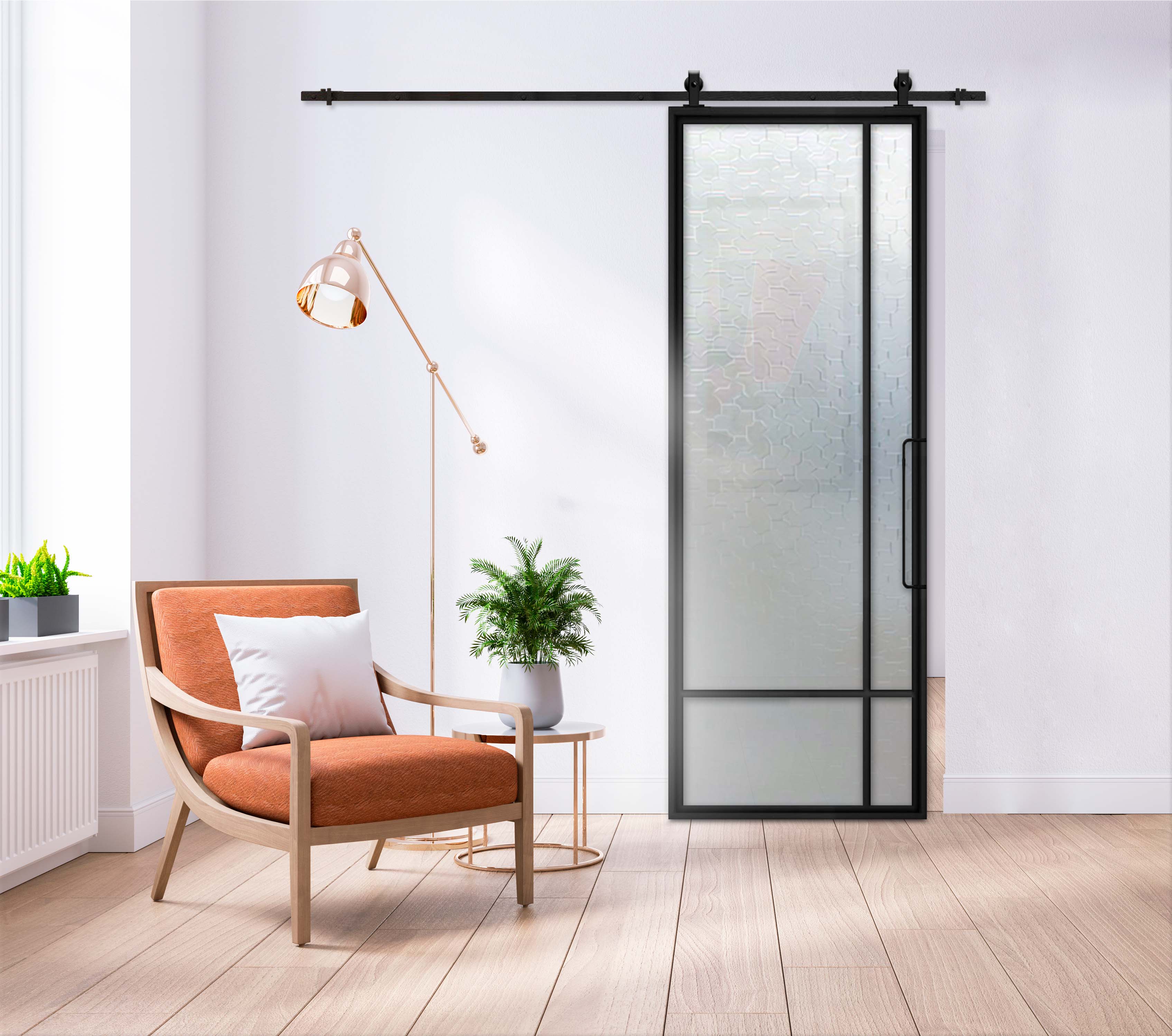 Metal Frame High Sierra Sliding Barn Door (Karatachi Glass)