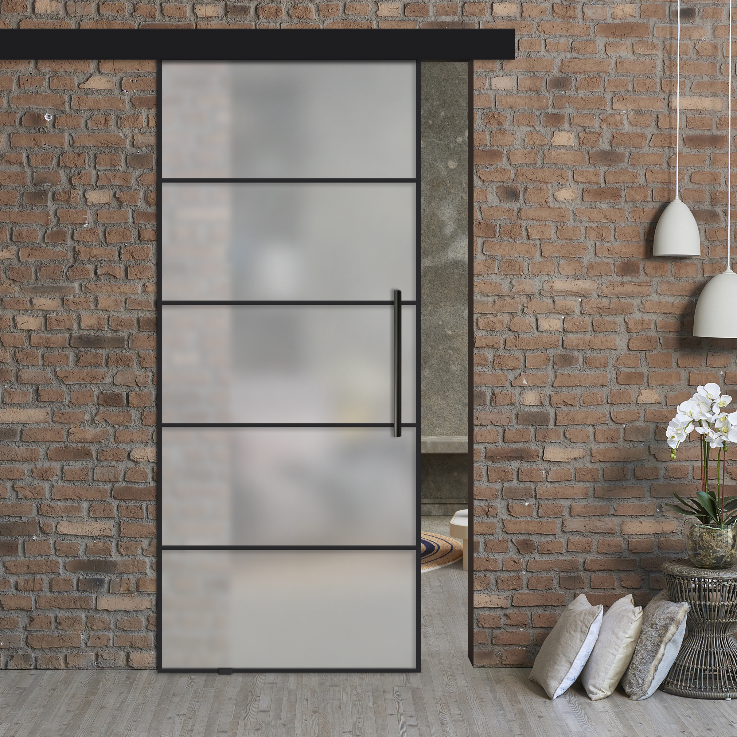 Frameless Sliding Barn Door Industrial Style with Black Hardware (Complete Kit) FSBDI- 6989