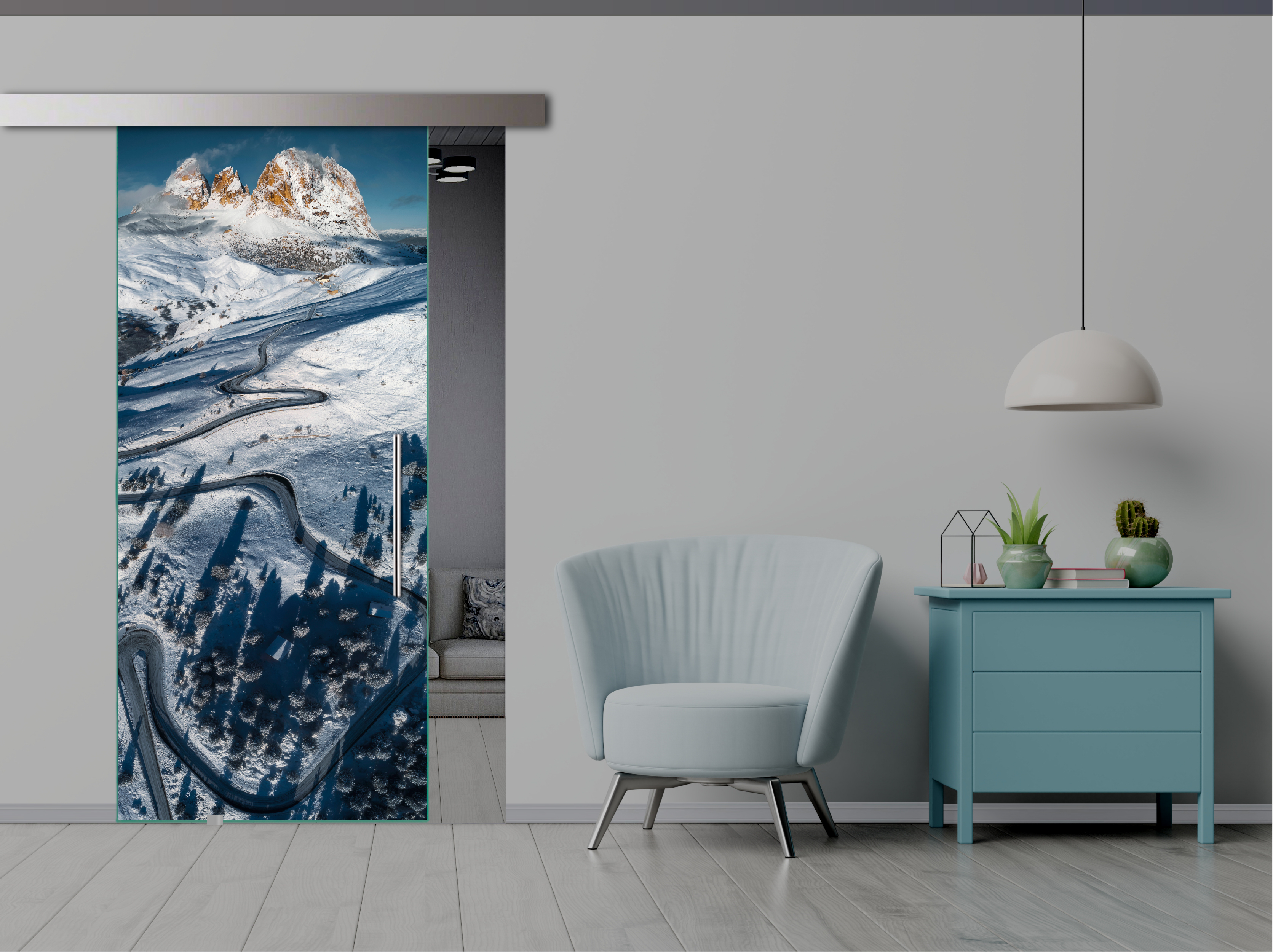 Frameless Sliding Glass Barn Door  with Digital Printing + Alu Gray Hardware (T-Handle)