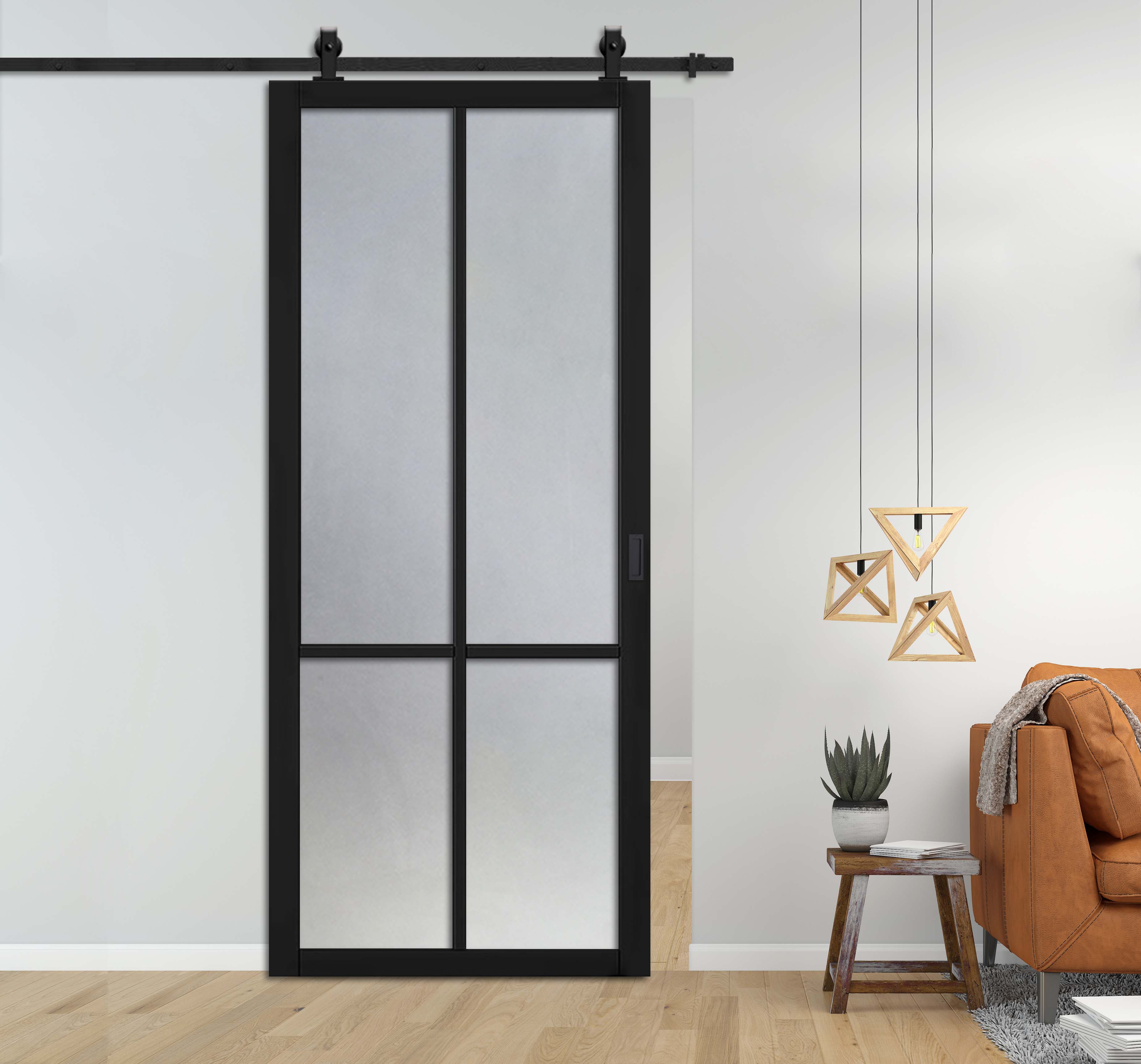Loft Style Sliding Barn Door with Frosted Glass Panels, Carbon Hardware & Oval Grip Handle 
