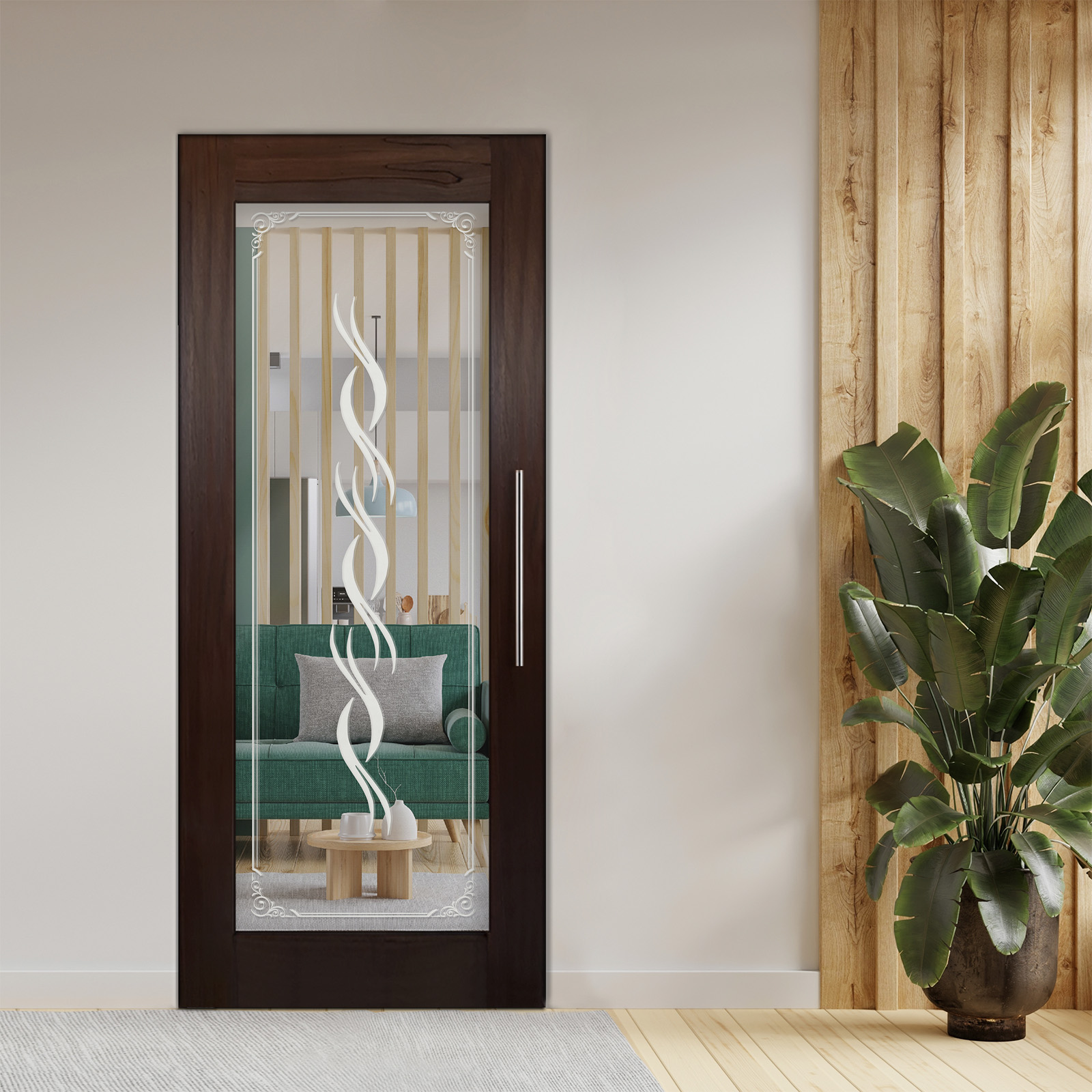 Pivot Wooden Mirror Door With Design (Design: 5)