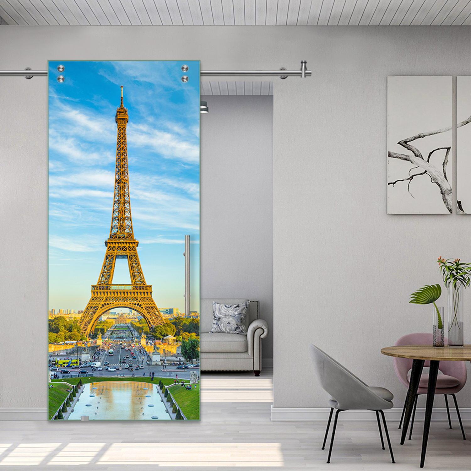 Digital Printing Sliding Barn Glass Door with Stainless Steel Hardware & T-handle (Eiffel Tower Paris)
