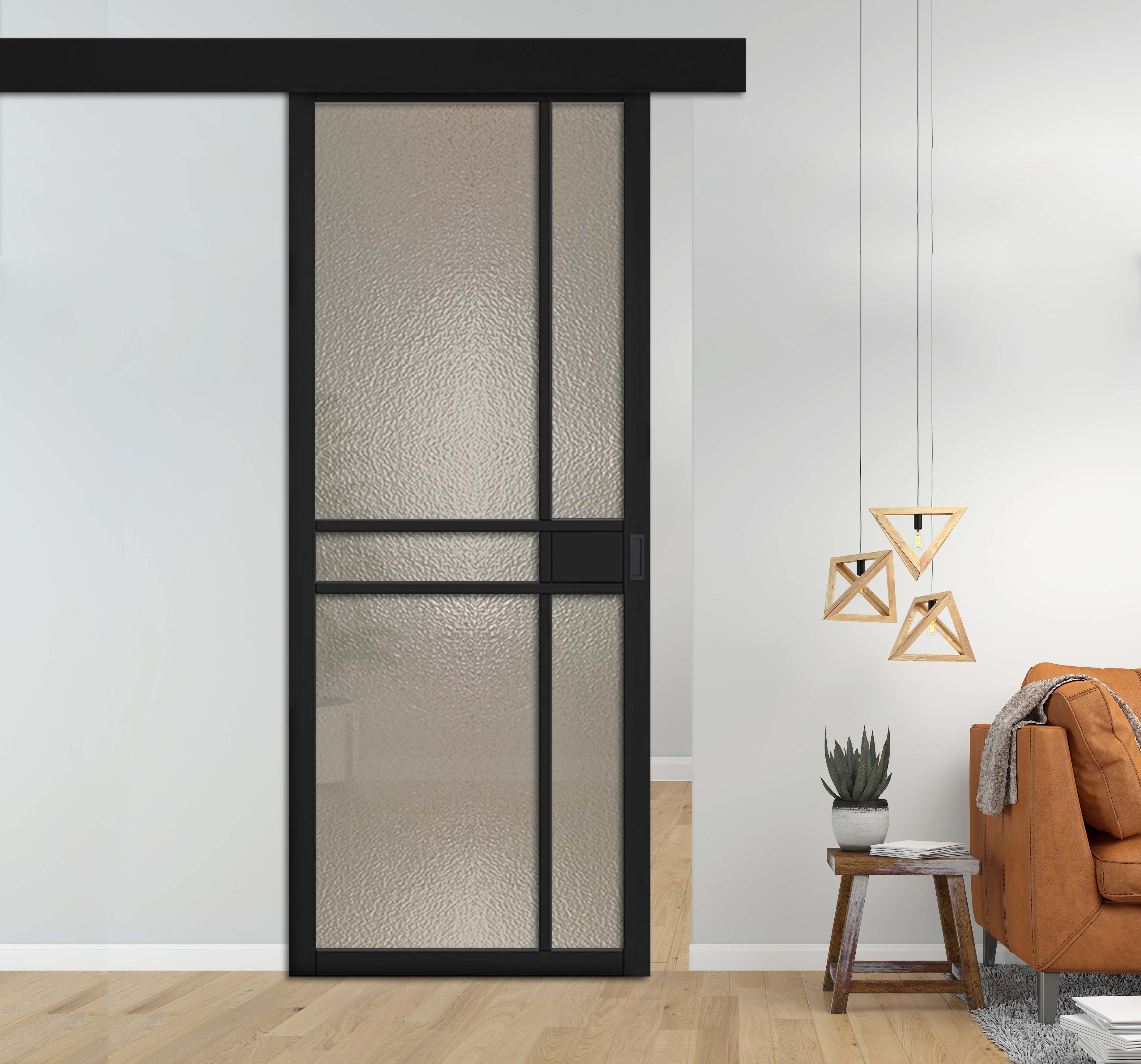Loft Style Sliding Barn Door witth Hammered Glass Panels + Alu100 Wood  Fascia / Cover Hardware Kit & Oval Carbon Grip Handle 