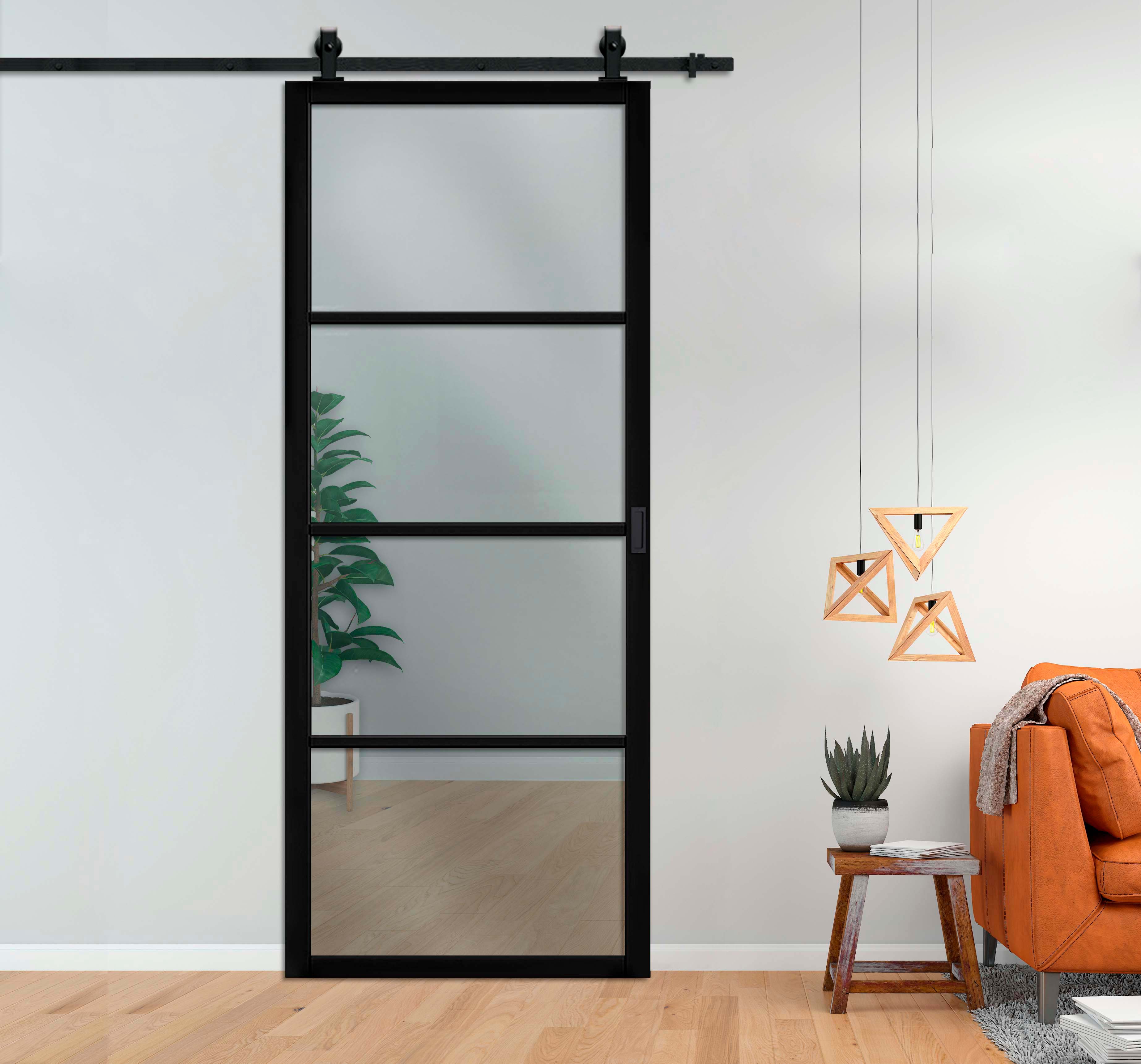 Loft Style Sliding Barn Door with Clear Glass Panels, Carbon Steel Hardware Kit & Rectangular Carbon Steel Grip Handle 