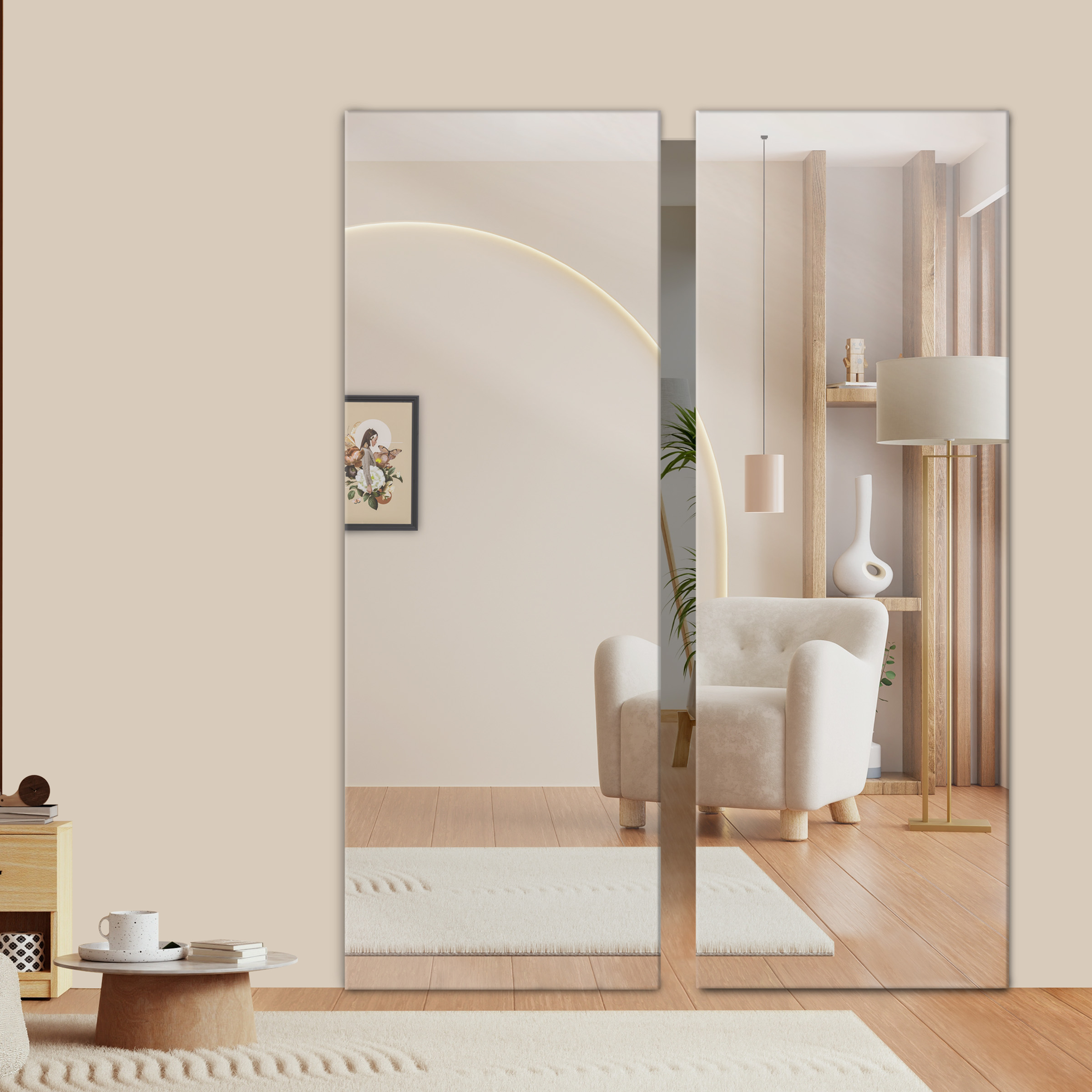 2 Leaf Frameless Mirror Sliding Door with Hidden / Invisible Hardware 2MMD-4109