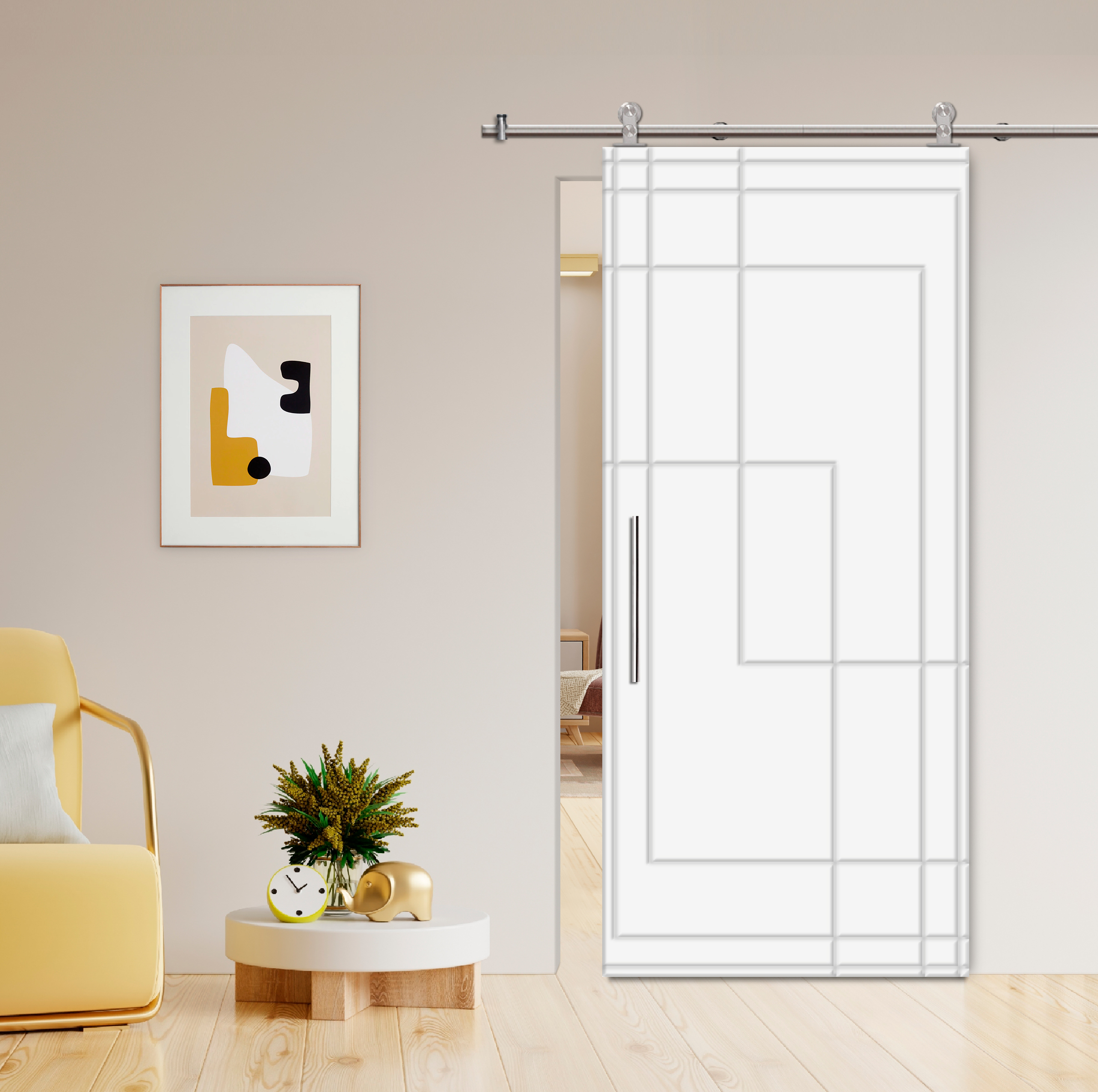 Flush Sliding Barn Door with CNC Engraving CCD-7698 White (Stainless steel)