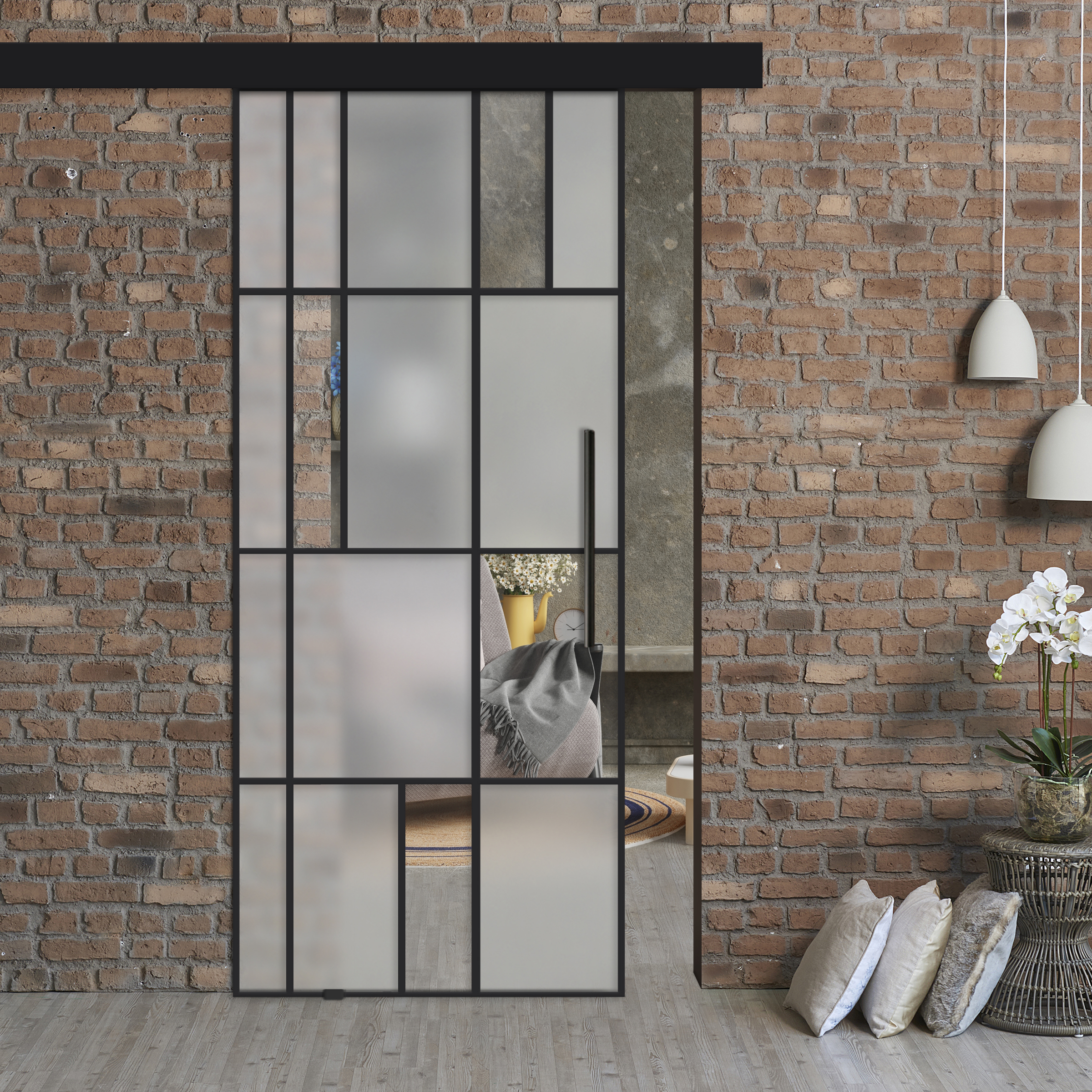 Frameless Industrial Sliding Barn Door With Black Hardware (T Handle Bar)