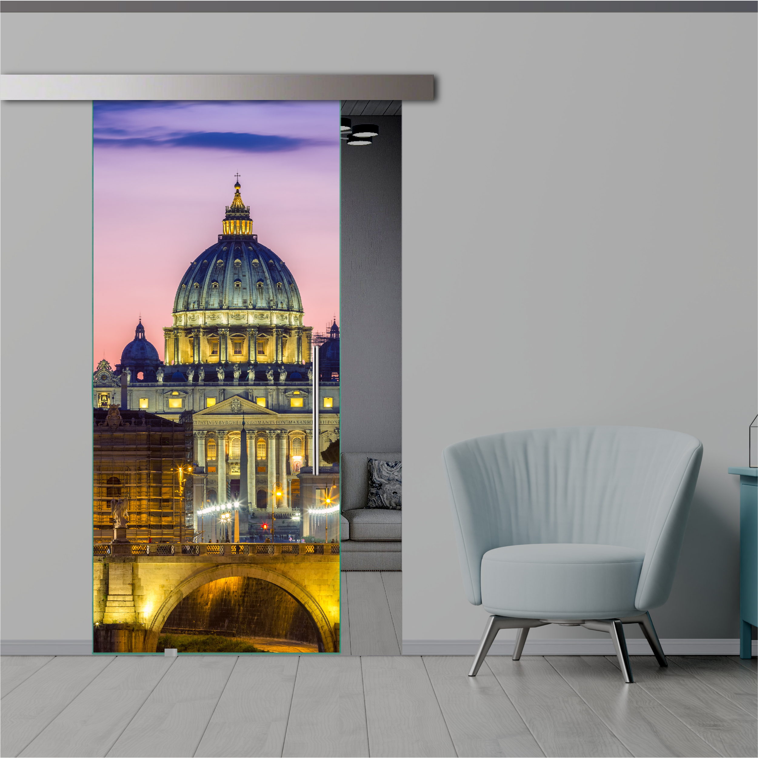 Frameless Sliding Glass Barn Door with Digital Printing + Alu Gray Hardware (T-Handle)
