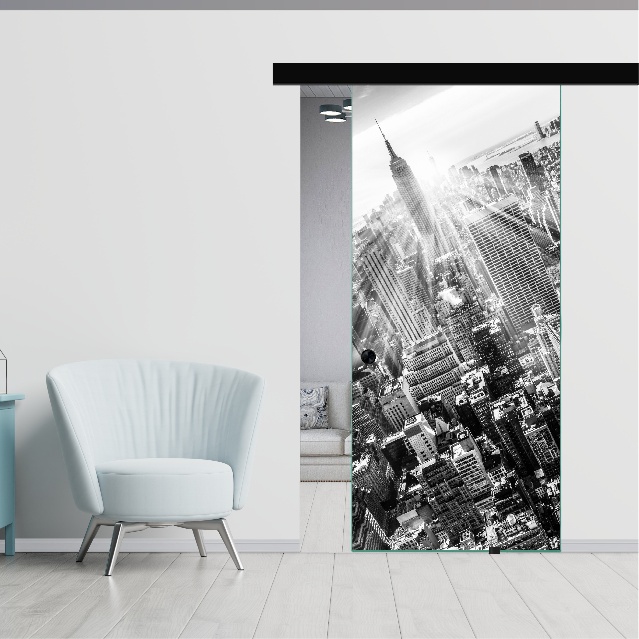 Frameless Sliding Glass Barn Door with Digital Printing + Black Hardware (Recessed Grip)