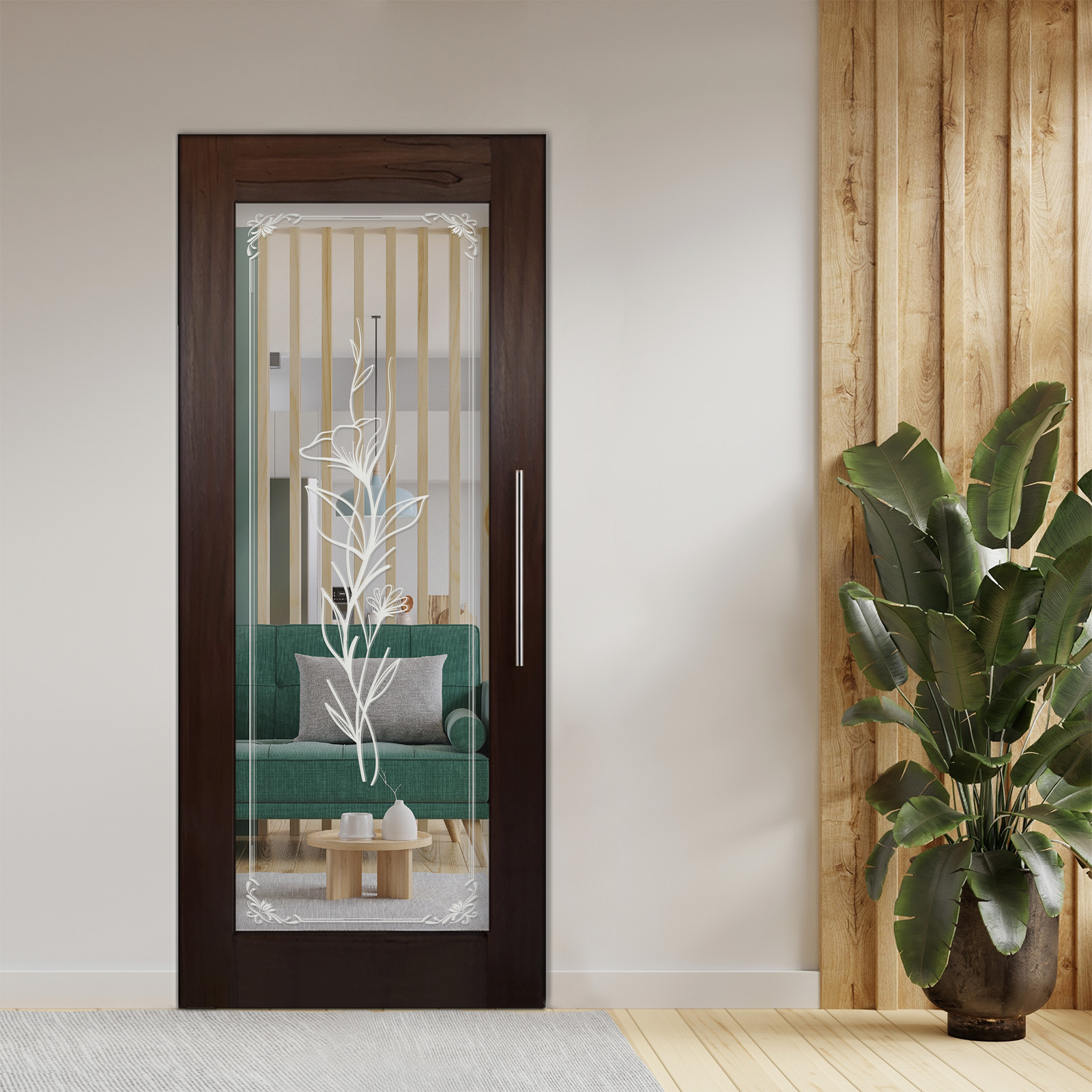 Pivot Wooden Mirror Door With Design (Design: 4)