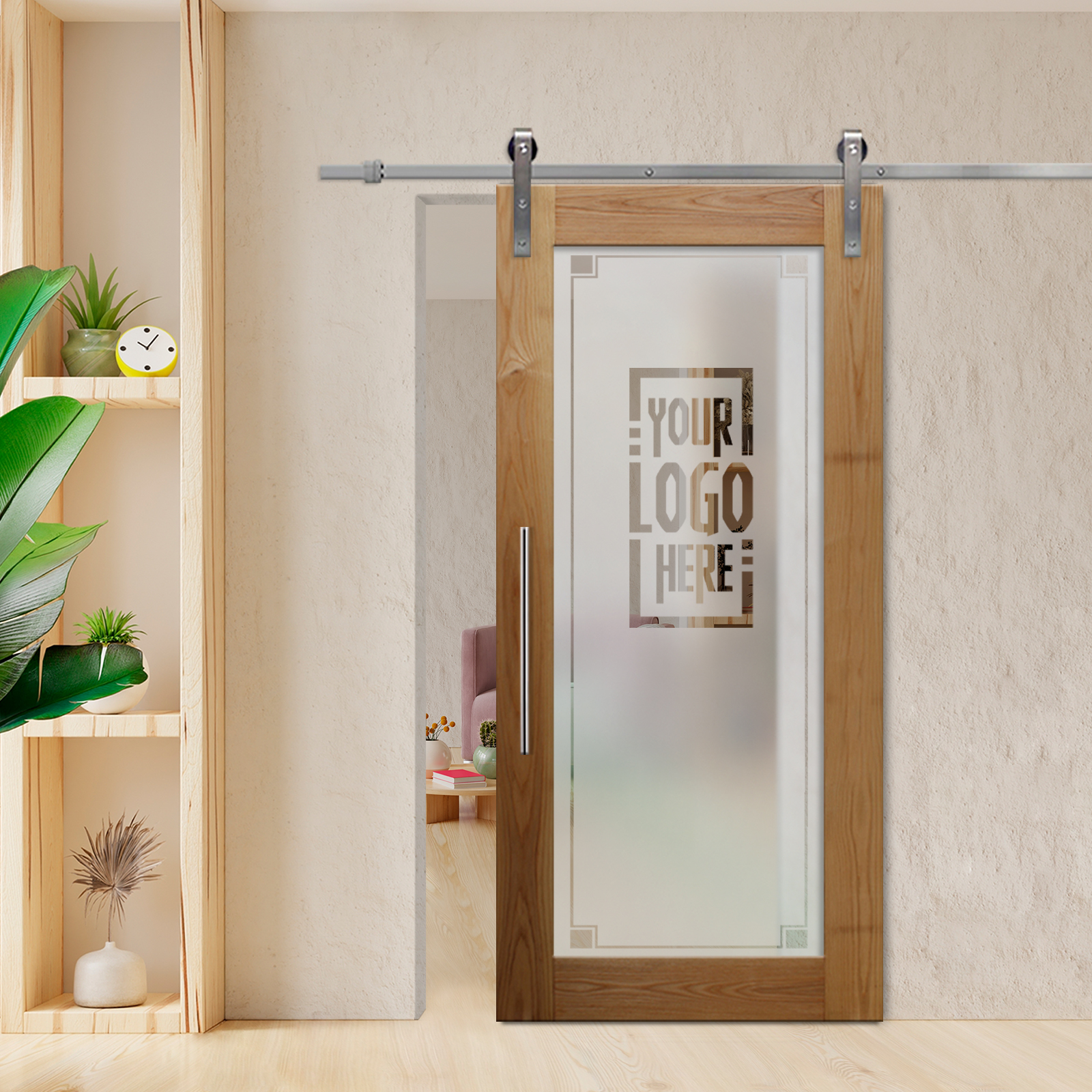 Real Solid Hardwood Sliding Barn Door Glass Insert (Semi-private) T-Handle Stainless Steel