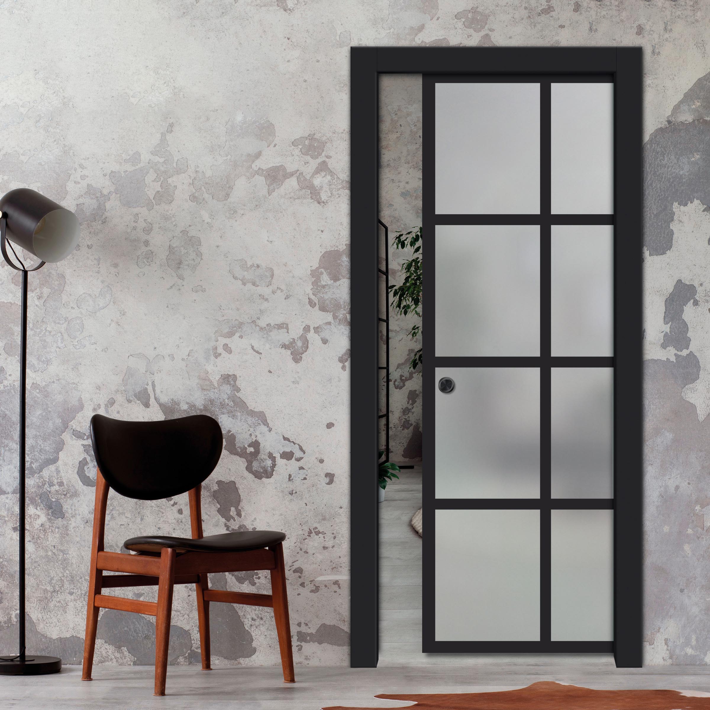 Pocket Sliding Glass Door Industal Style with Frosted Glass (Recessed Grip)