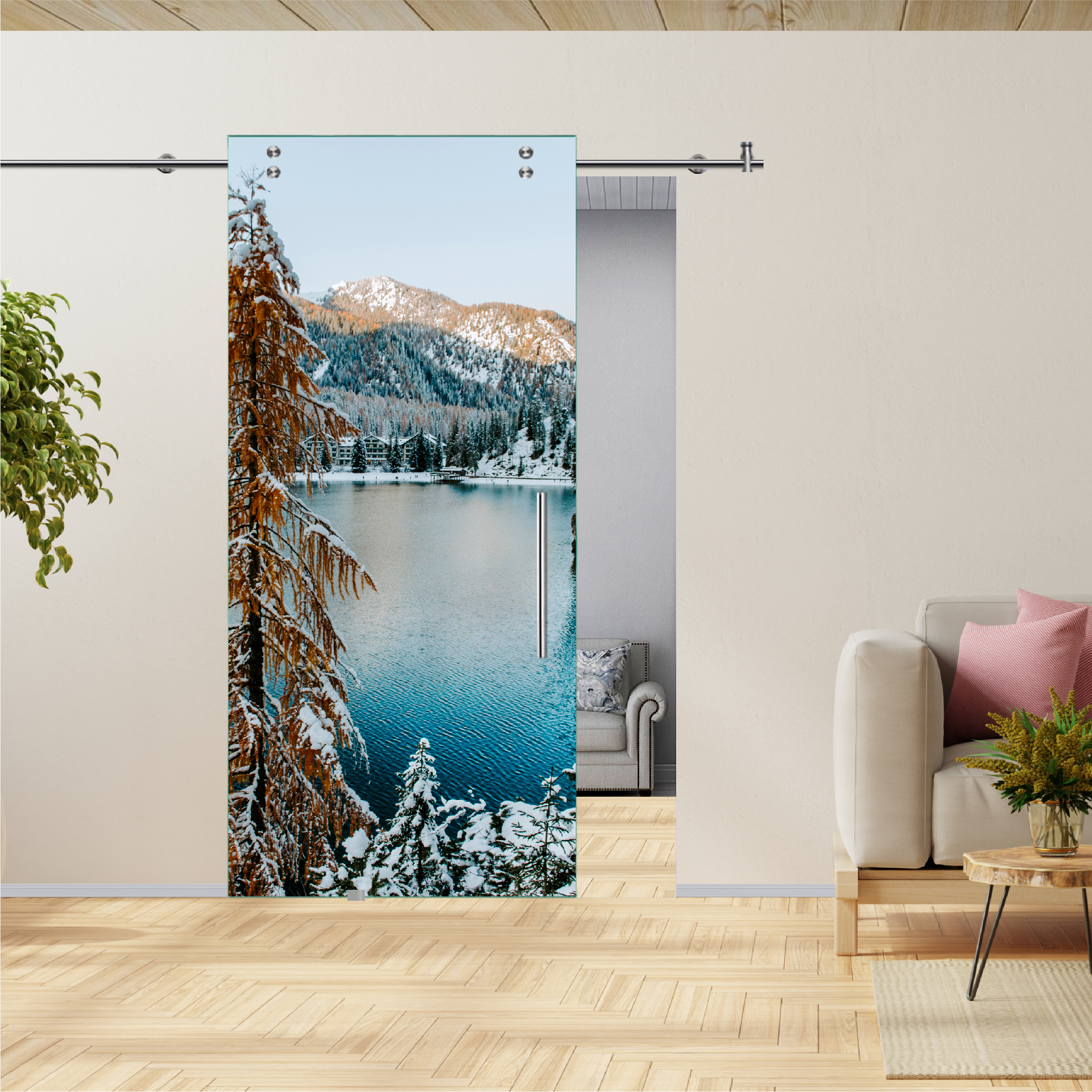Digital Printing Sliding Barn Glass Door with Stainless Steel Hardware & T-handle (Braies Lake)