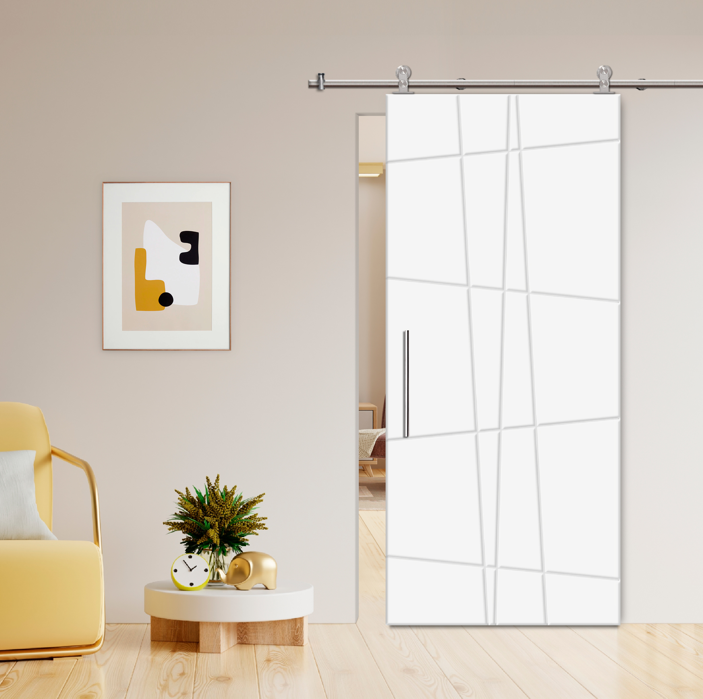 Flush Sliding Barn Door with CNC Engraving CCD-7698 White (Stainless steel)