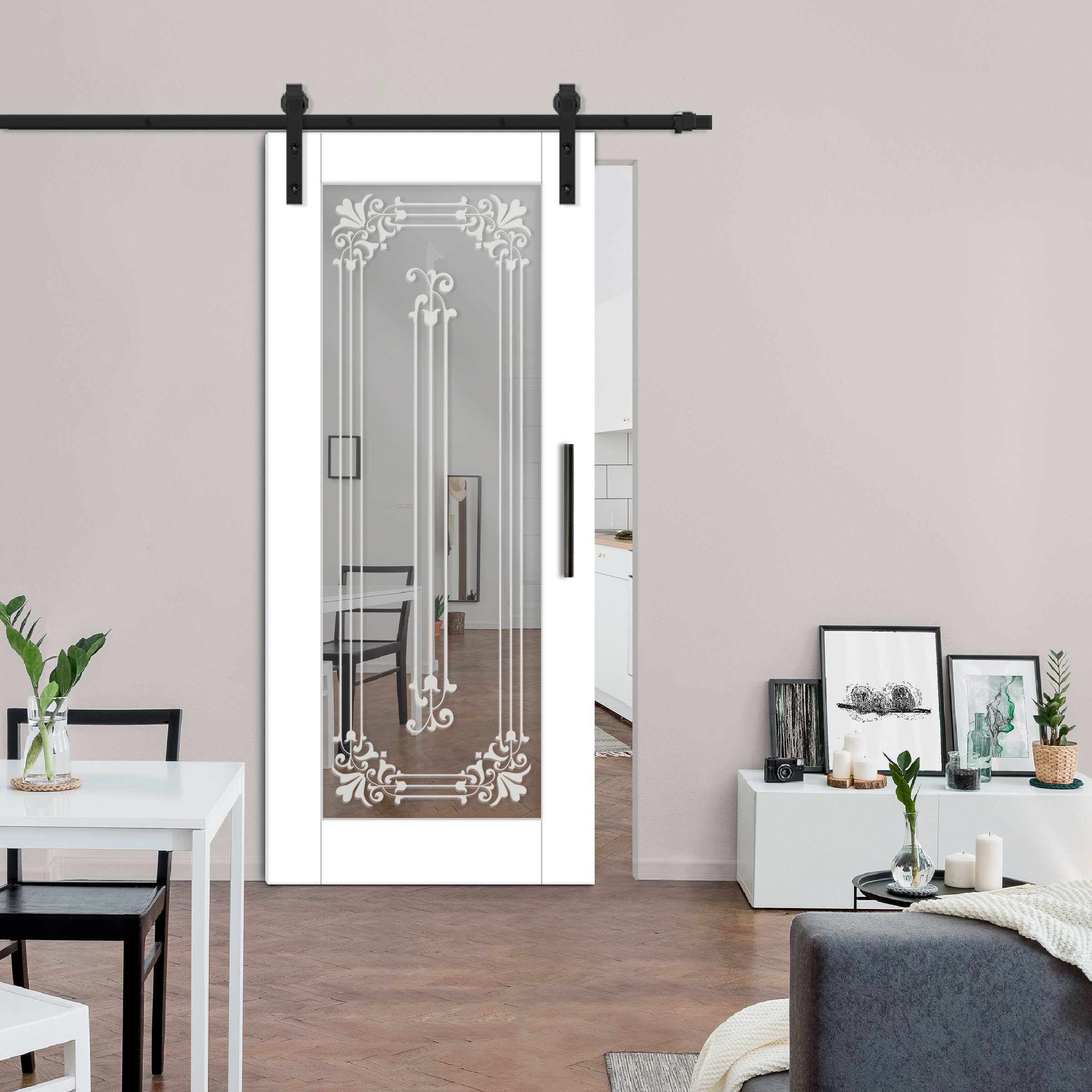 Sliding Barn Door with mirror insert (frosted design) and carbon steel sliding system