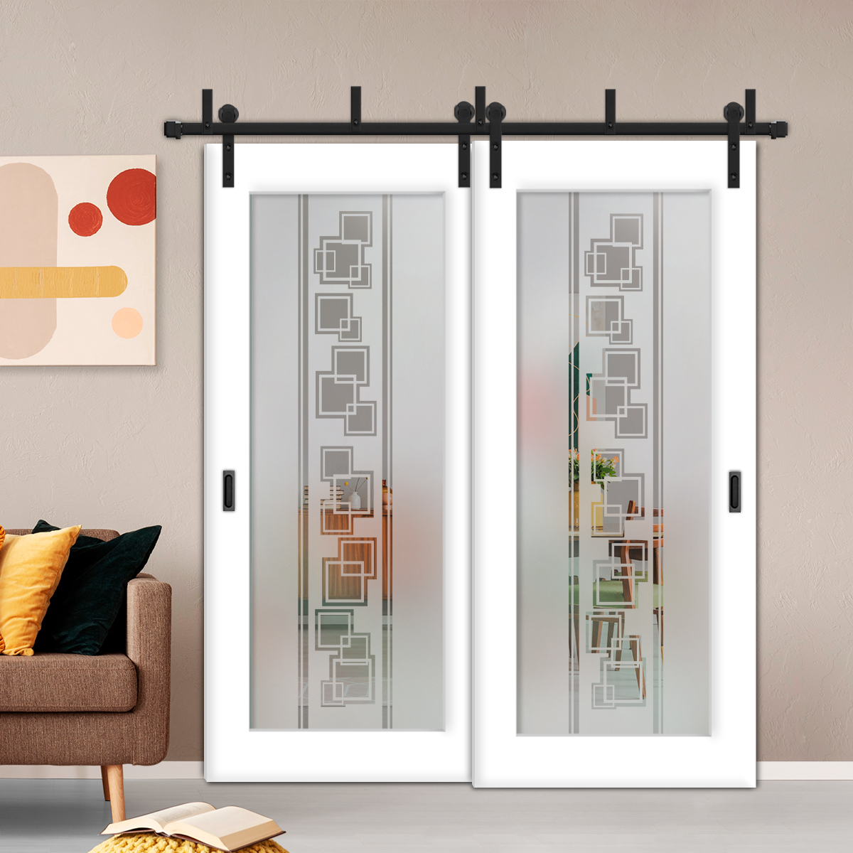 2 Leaf Sliding Barn Bypass Doors with-Glass-Insert BGD-4405