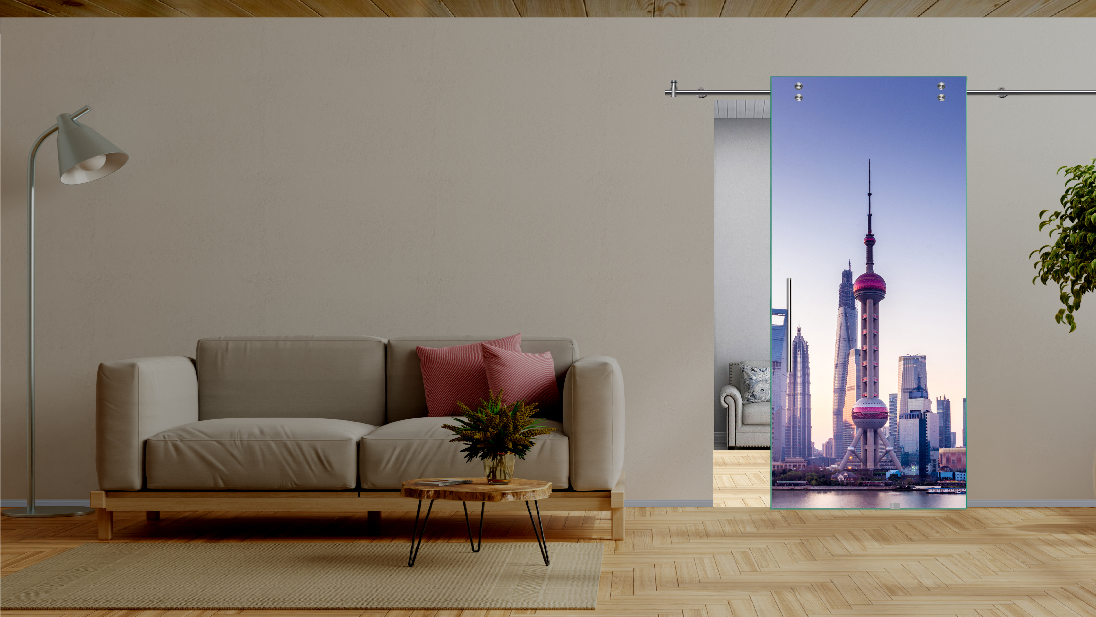 Digital Printing Sliding Barn Glass Door with Stainless Steel Hardware & T-handle (Shanghai Pearl Tower)