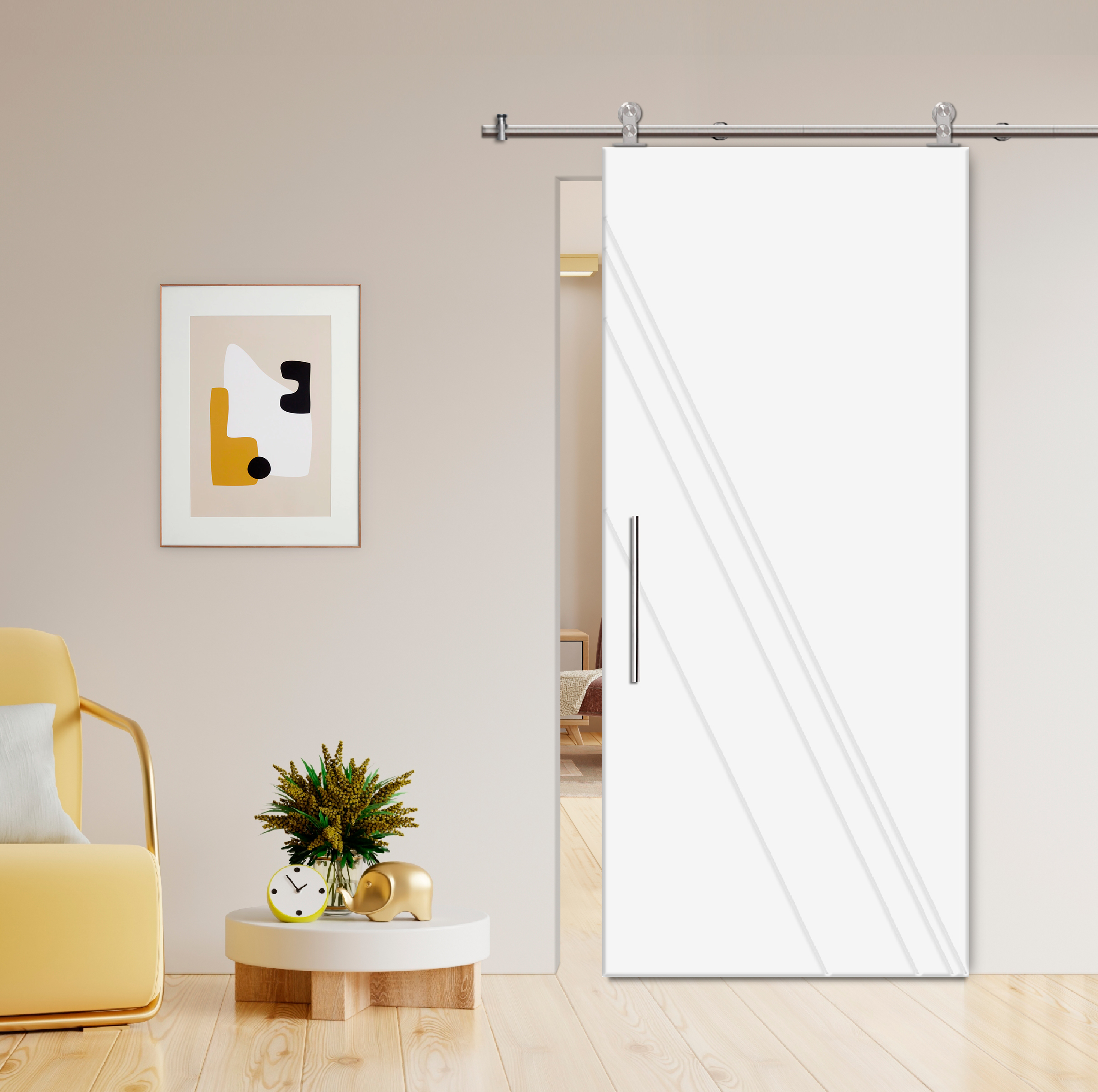 Flush Sliding Barn Door with CNC Engraving CCD-7698 White (Stainless steel)